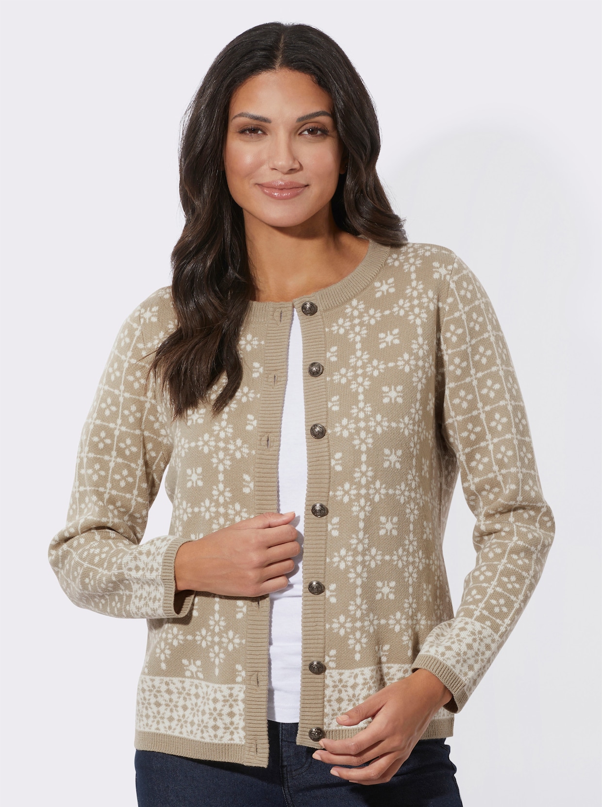 Jacquardstrickjacke - sesam-champagner-gemustert
