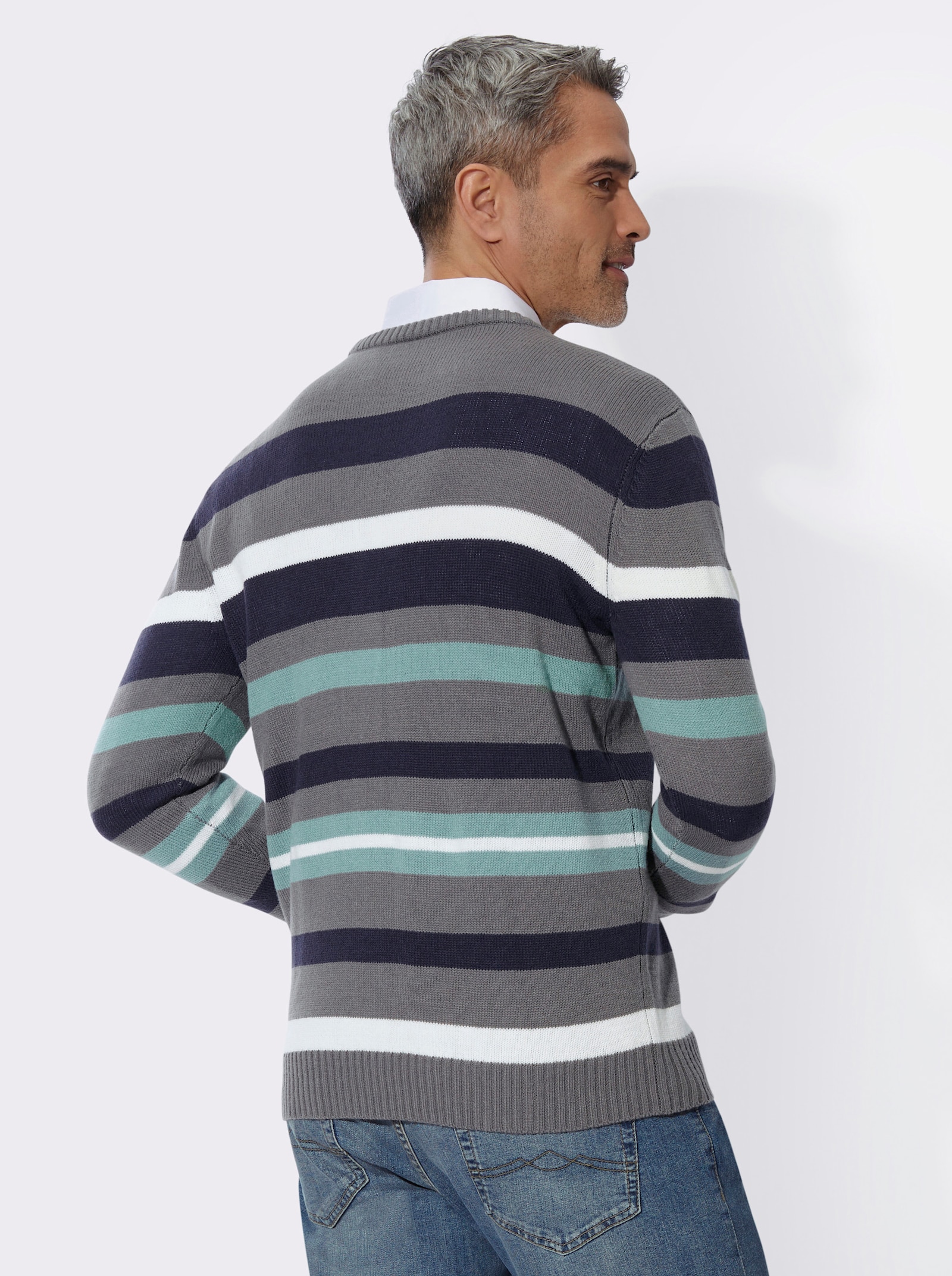 Rundhalspullover im Ringel-Dessin - anthrazit-jade-gemustert