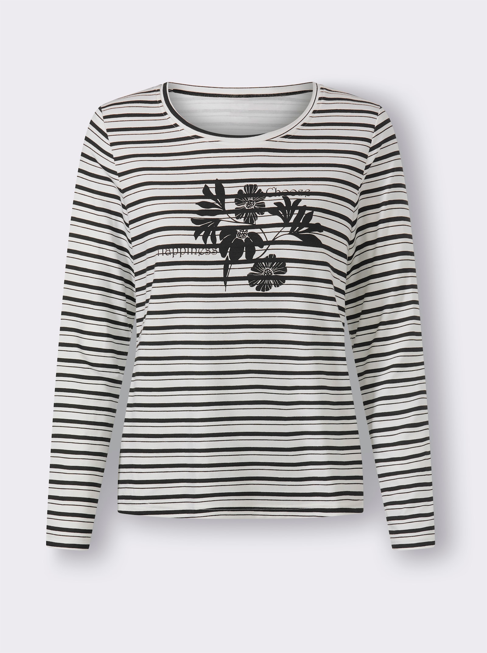 heine Langarmshirt mit Ringel- und Blüten-Print - schwarz-ecru-geringelt