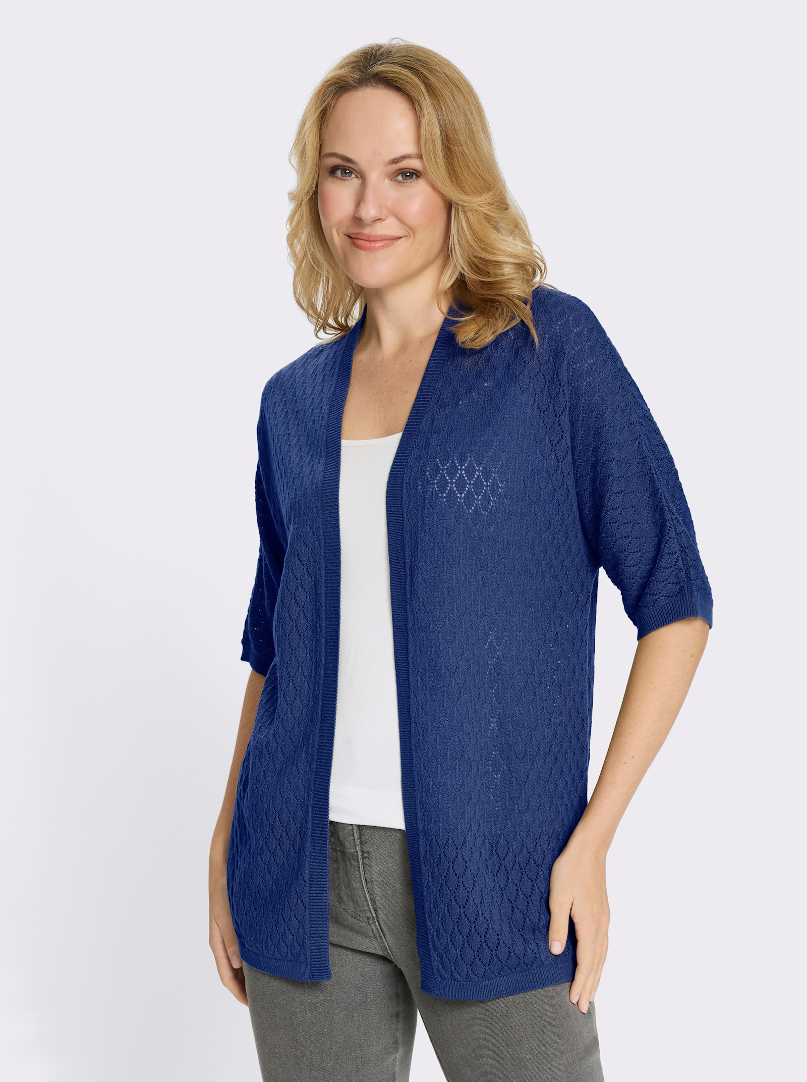Longstrickjacke mit Ajour-Muster - royalblau
