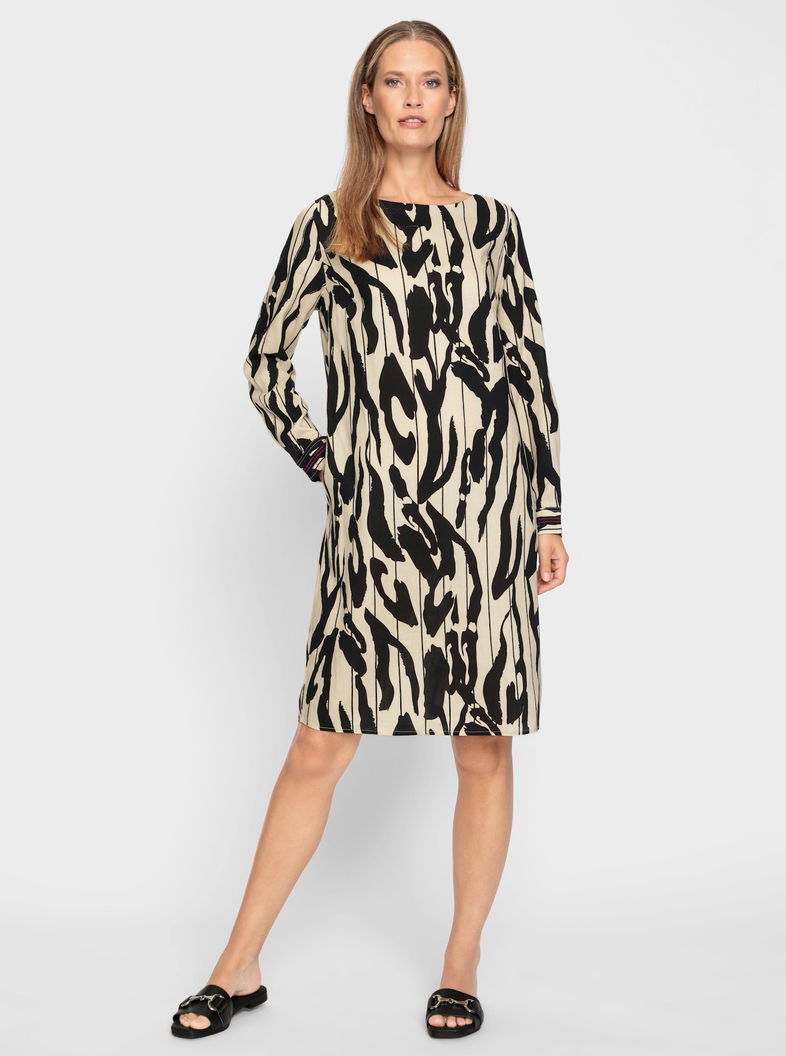 heine Druckkleid mit U-Boot-Ausschnitt - schwarz-sand-bedruckt