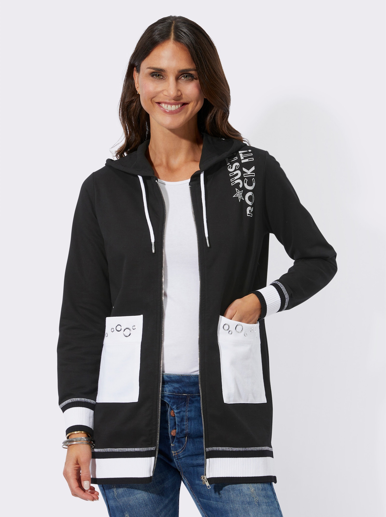 Sweatjacke mit Schriftzug - schwarz-weiß