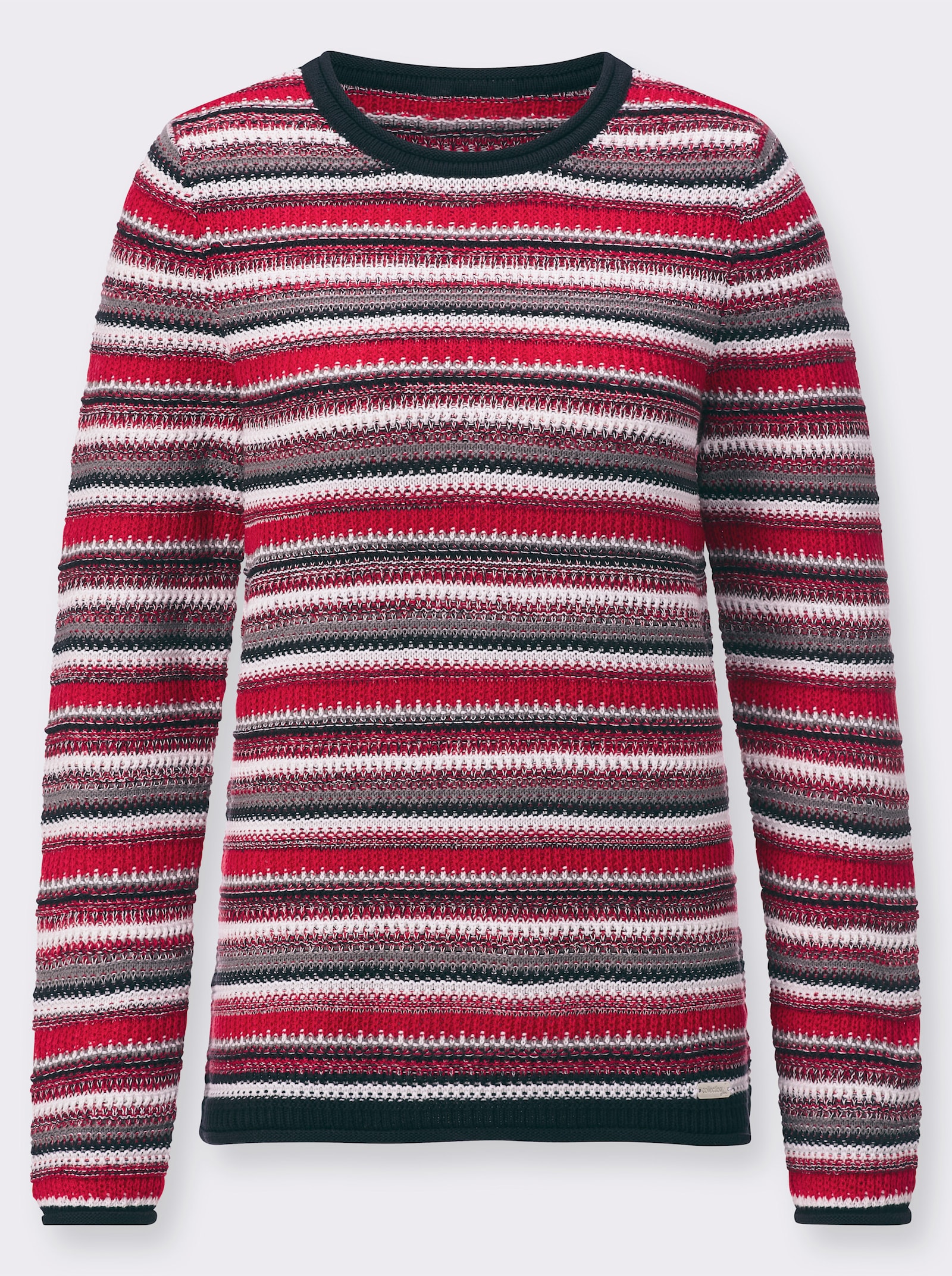 Streifenpullover mit Rollkanten - grau-erdbeere-geringelt