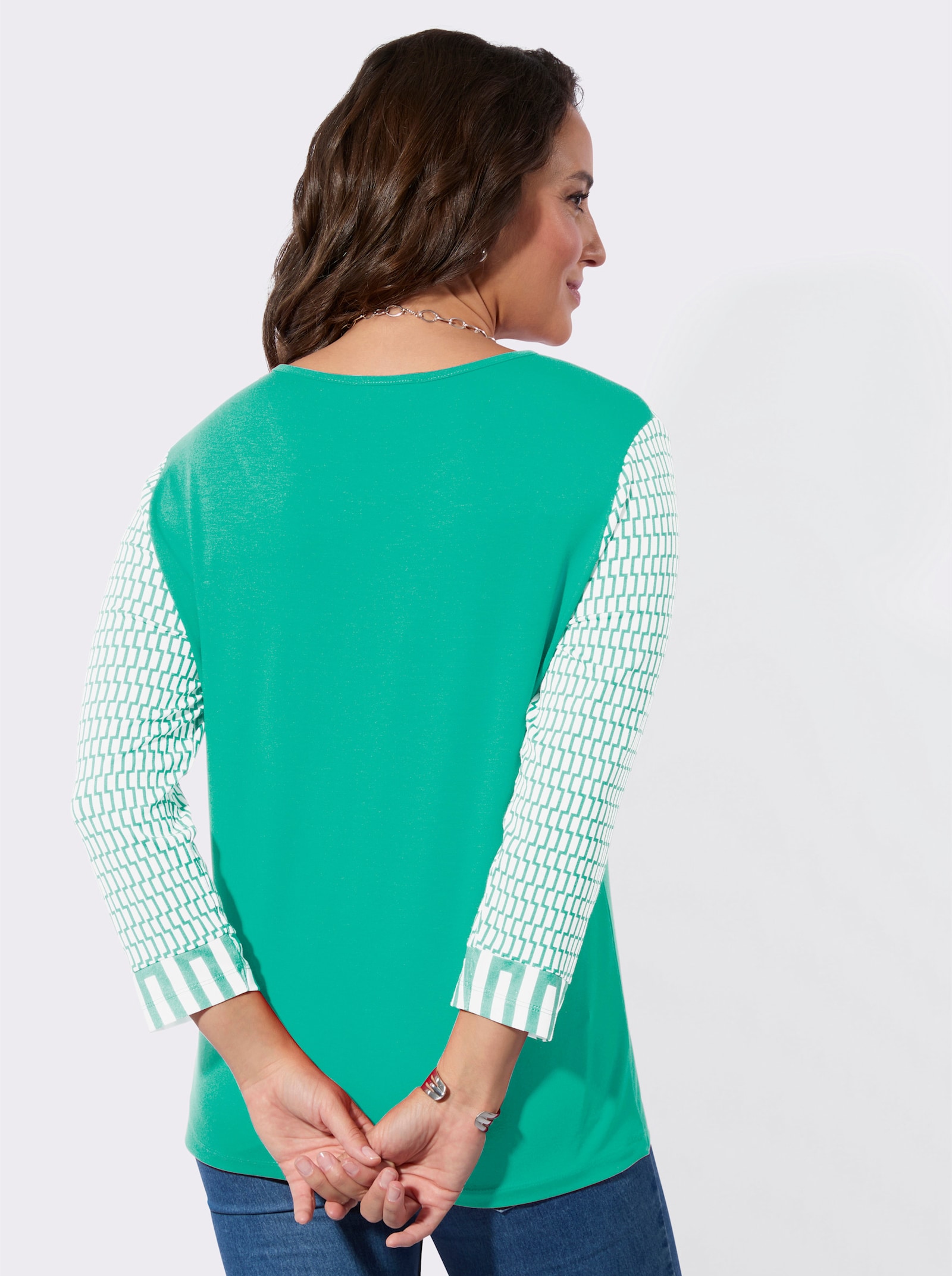 3/4-Arm-Shirt mit Mesh-Einsatz am Ausschnitt - blaugrün-ecru-bedruckt