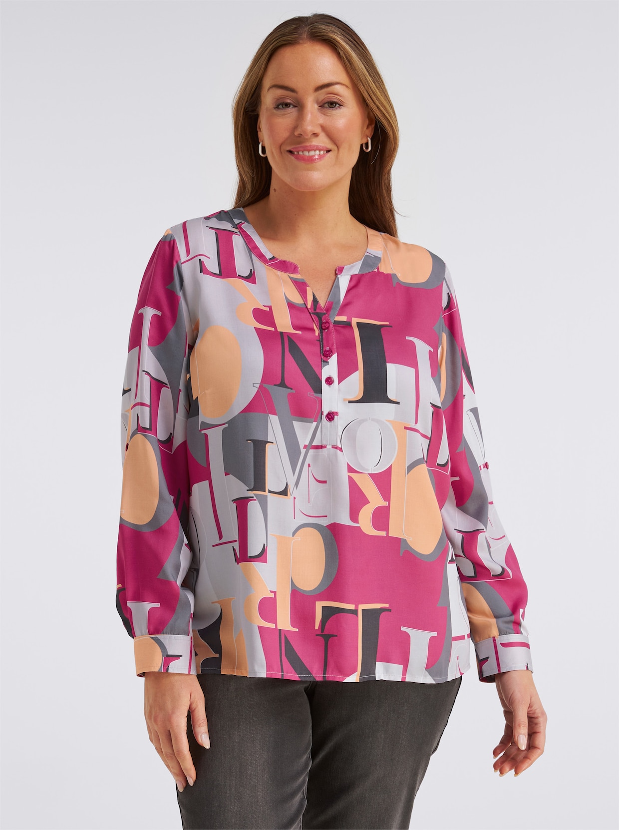 Schlupfbluse mit Krempelärmel - fuchsia-hellgrau-bedruckt
