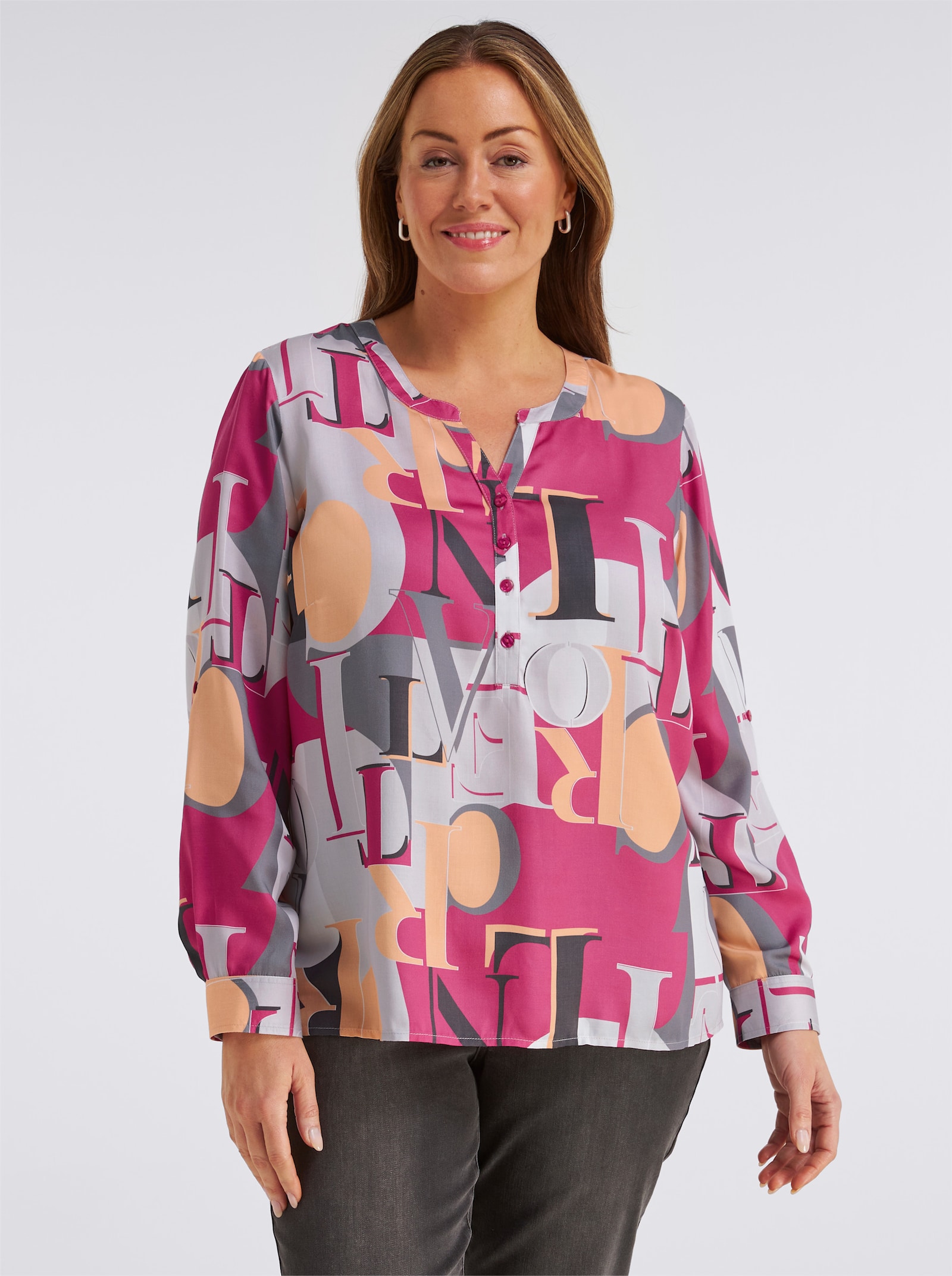 Schlupfbluse mit Krempelärmel - fuchsia-hellgrau-bedruckt