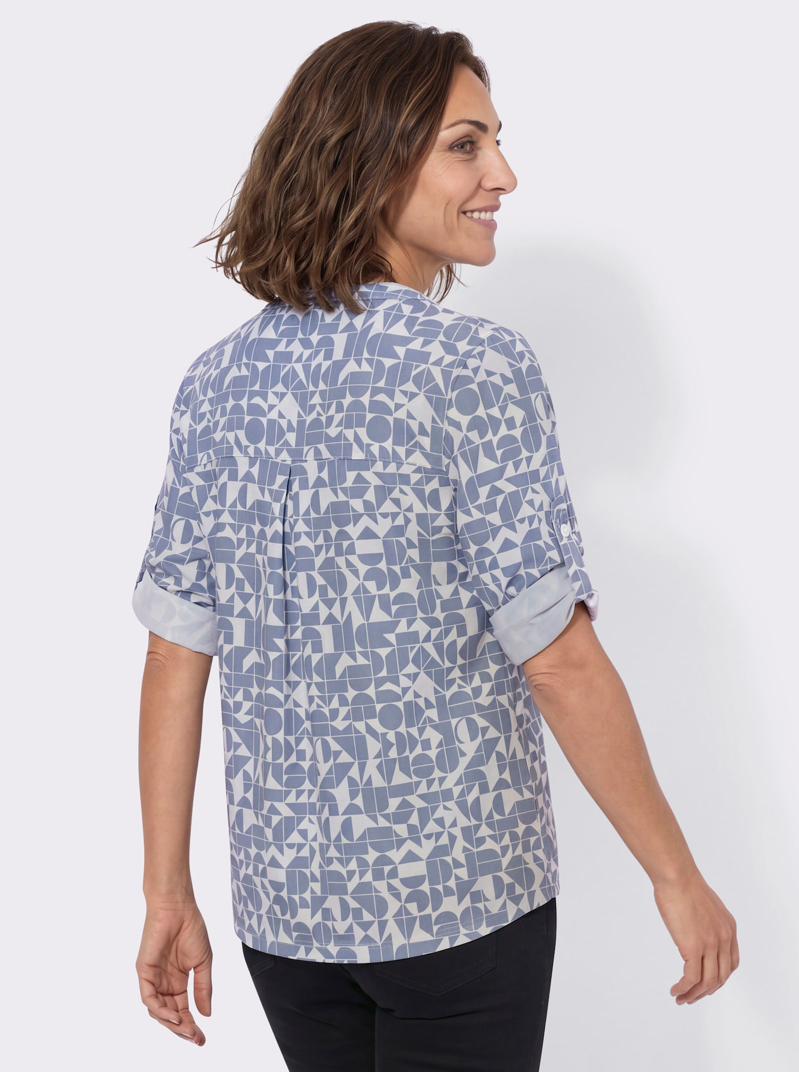 Blusenshirt mit kurzer Knopfleiste - taubenblau-ecru-bedruckt