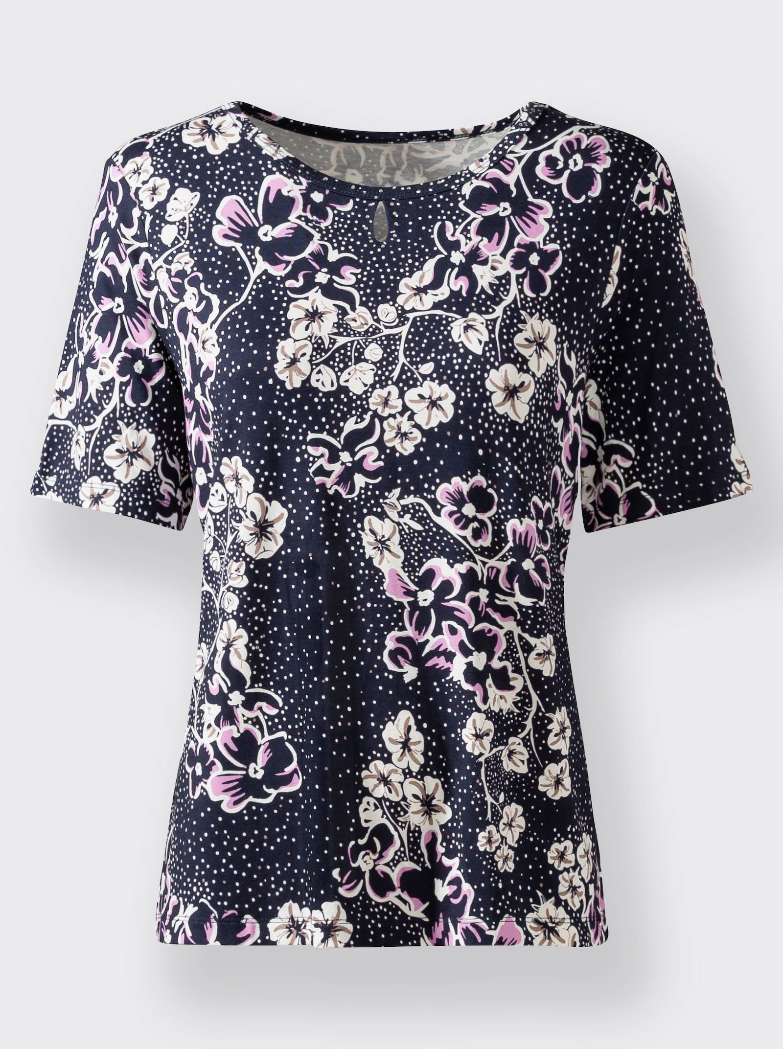 Rundhalsshirt mit Glitzersteinchen-Deko - orchidee-marine-bedruckt