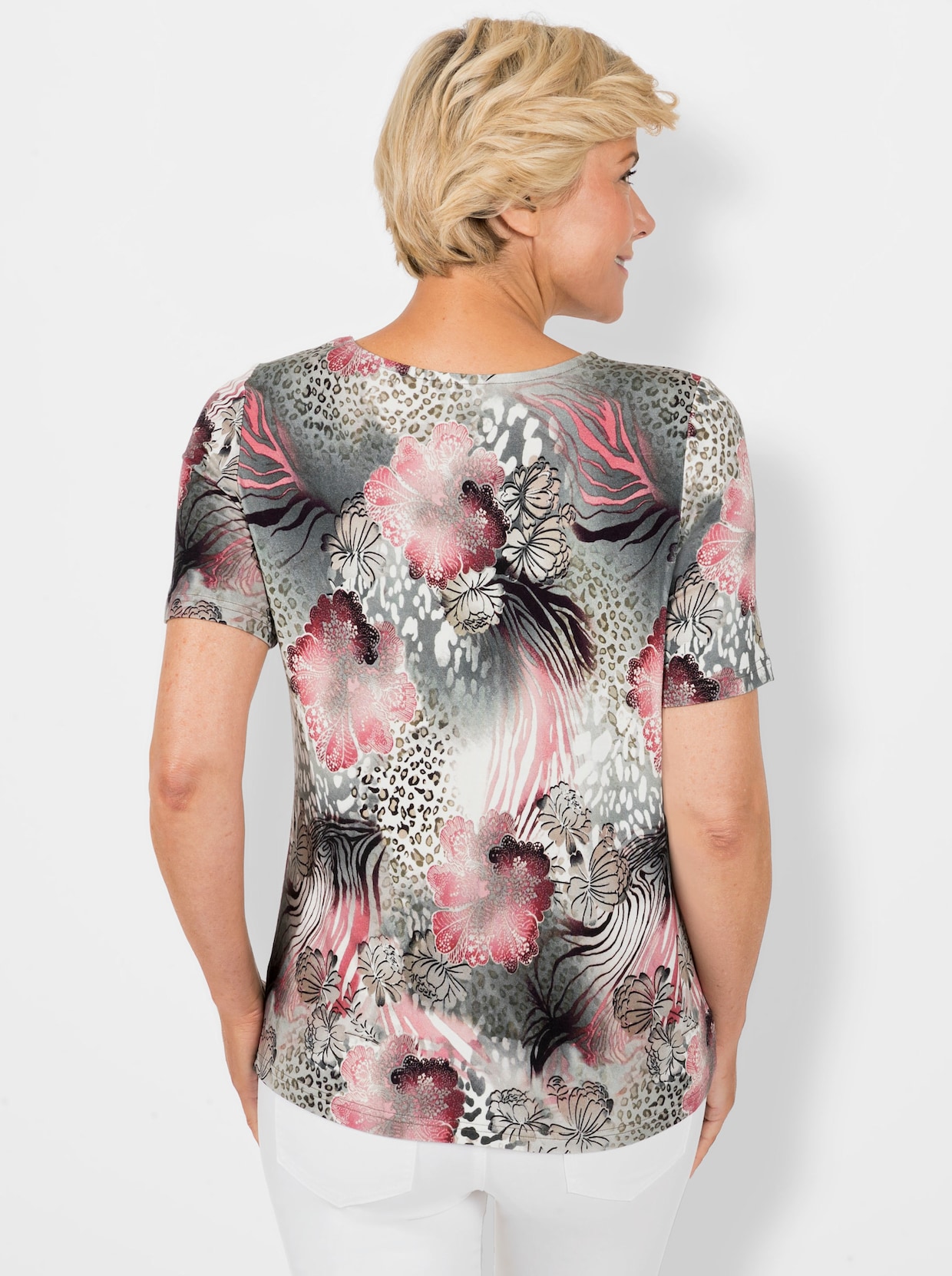 Kurzarmshirt - flamingo-steingrau-bedruckt