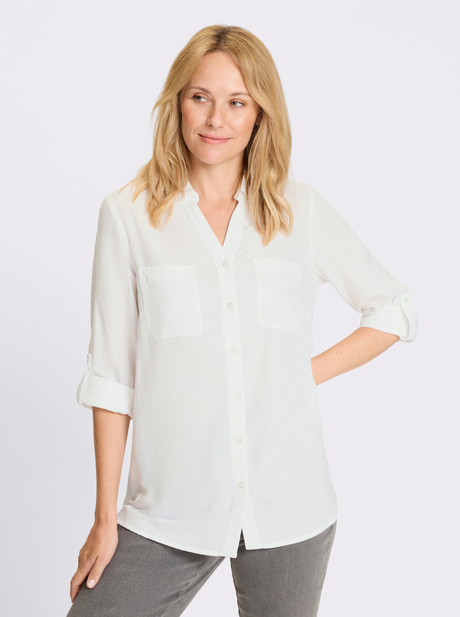 Longbluse mit Brusttaschen - weiss