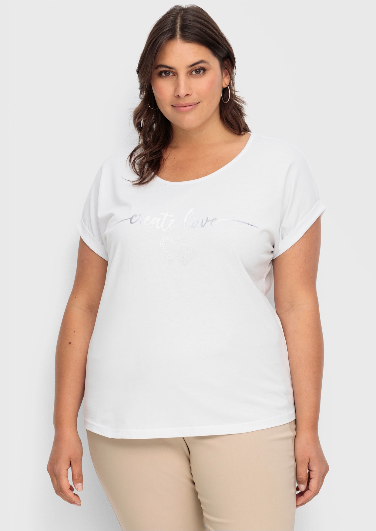 Rundhalsshirt mit Ärmel-Aufschlag - ecru