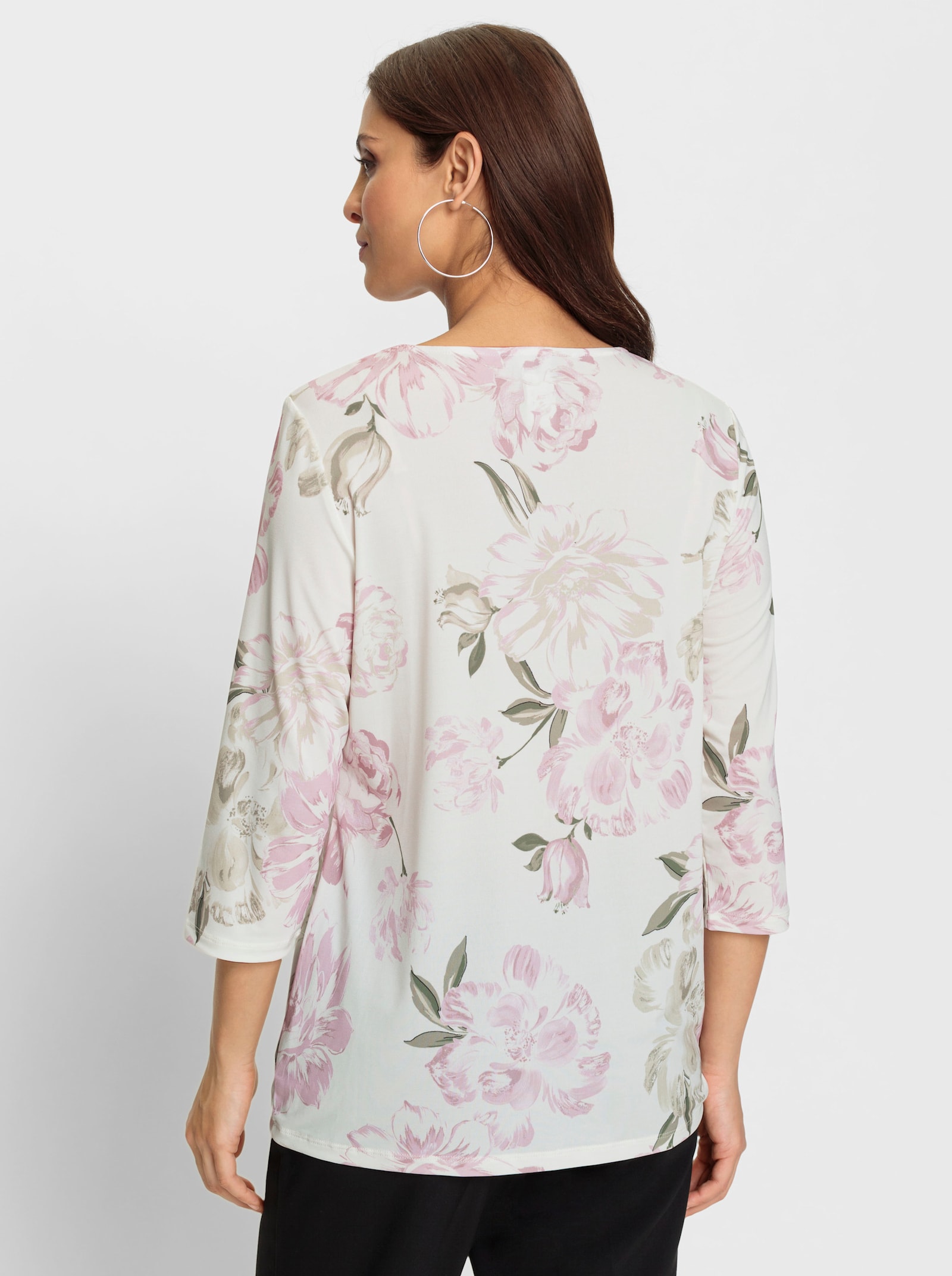 Shirt met 3/4-mouwen en rimpeling - ecru/roze geprint