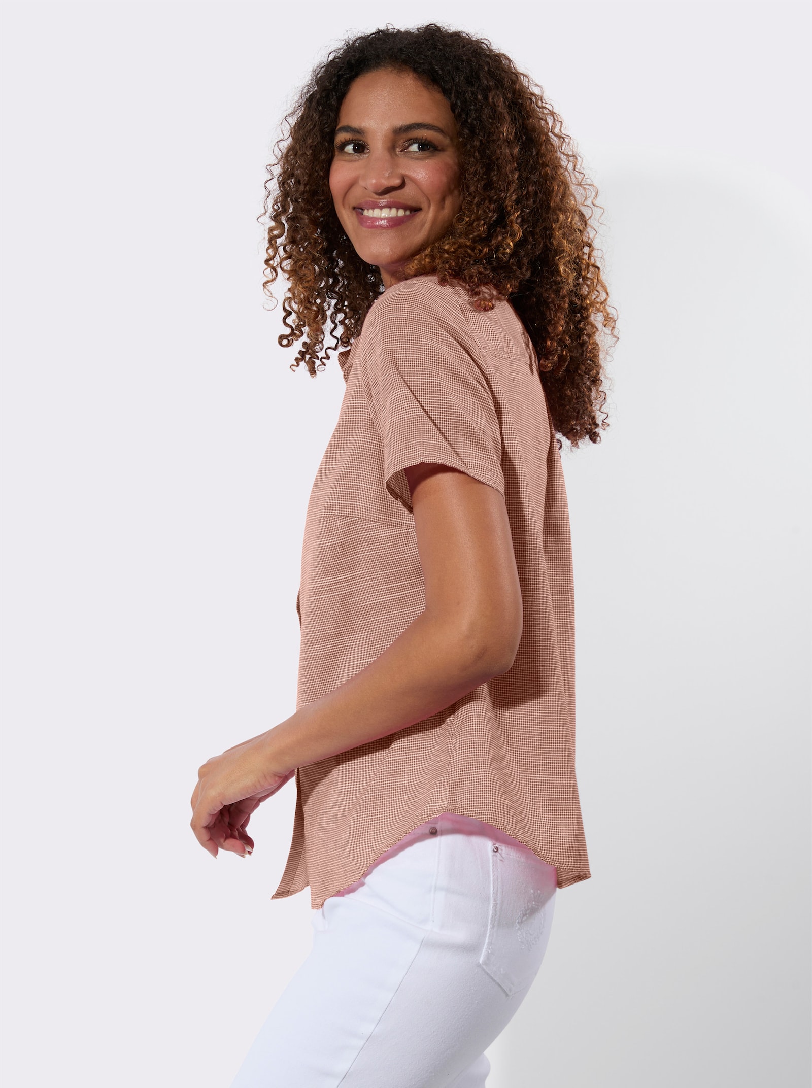 Kurzarm-Bluse mit abgerundetem Saum - cognac-weiß-gemustert