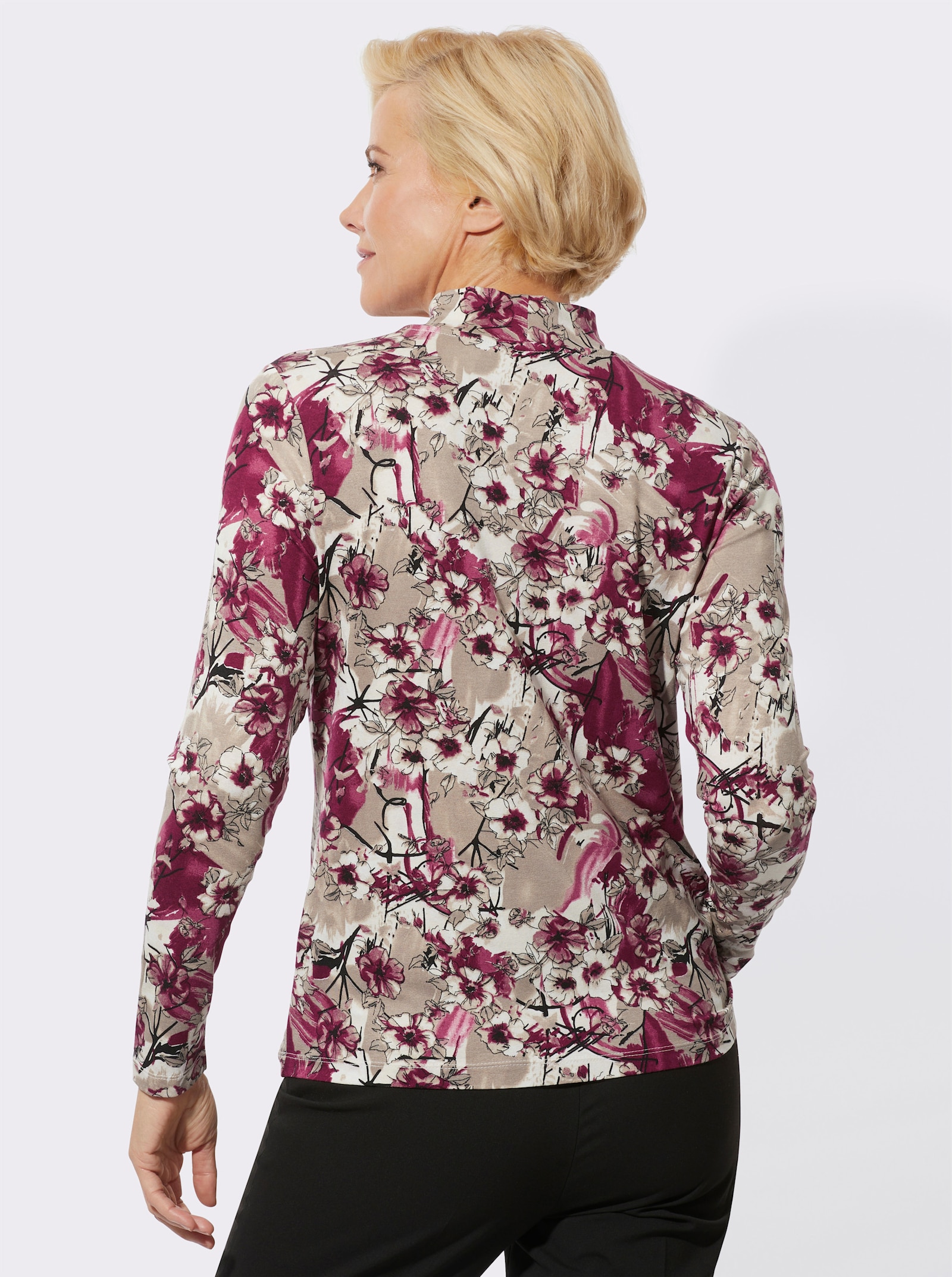 Stehkragenshirt in ECOVERO-Qualität von Lenzing - bordeaux-taupe-bedruckt