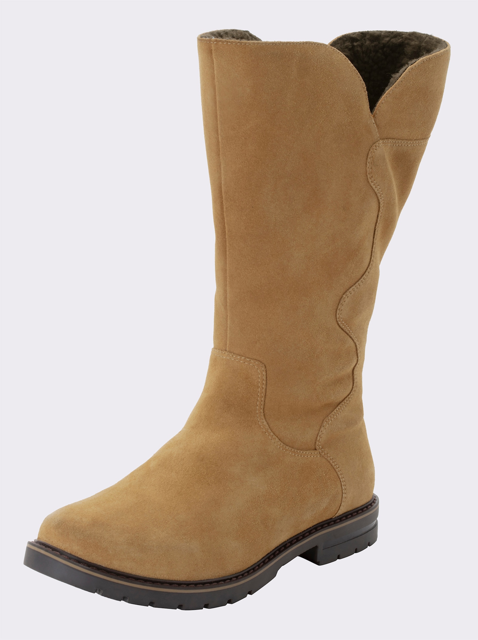 sheego Weitschaftstiefel aus Veloursleder, mit Teddyfutter - cognac