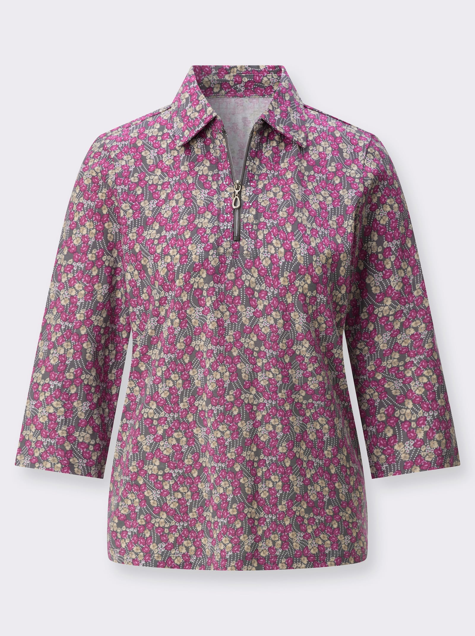 Poloshirt mit Glitzersteinchen - anthrazit-rosé-bedruckt