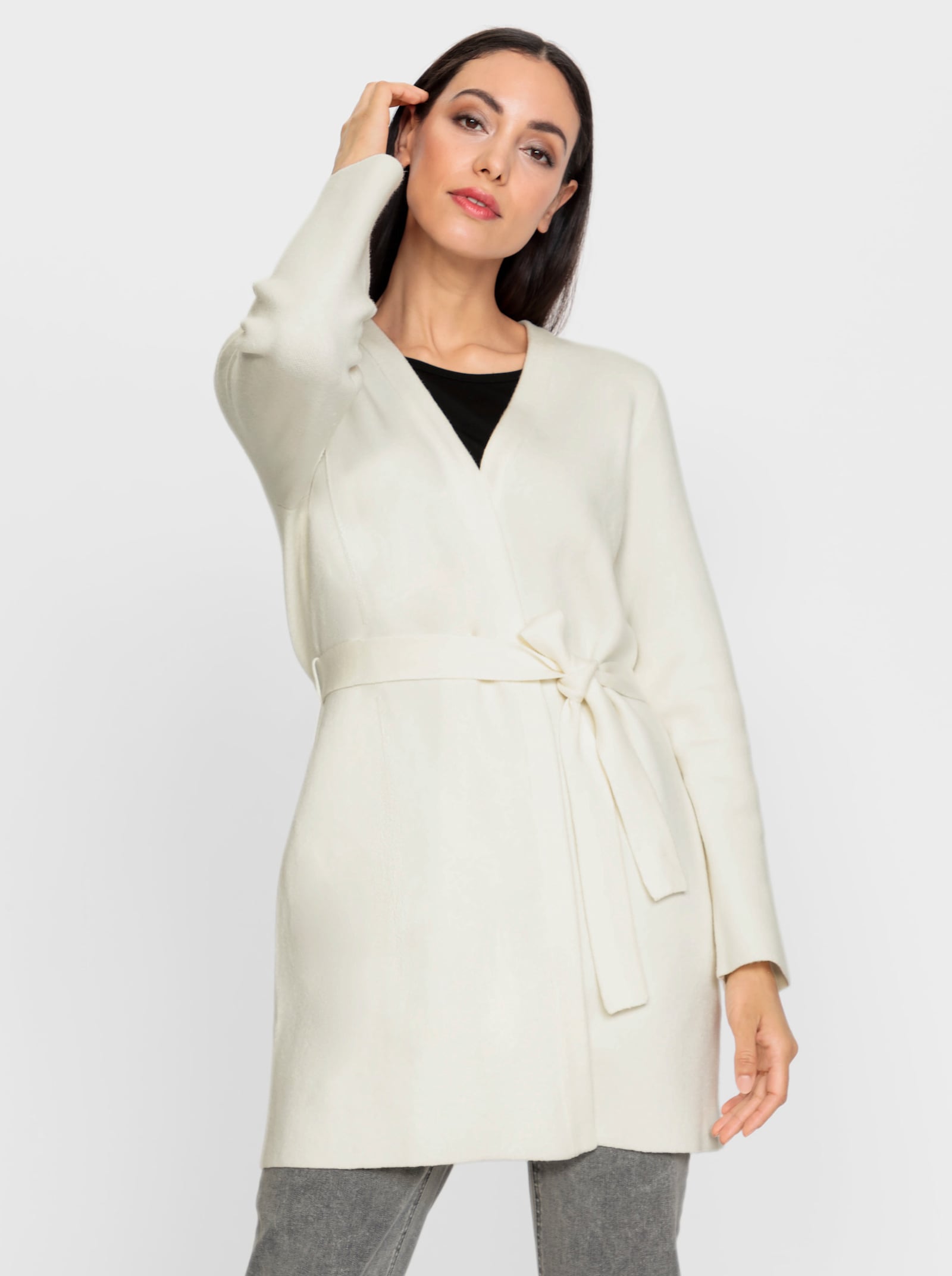 heine Longstrickjacke mit abnehmbarem Bindegürtel - ecru