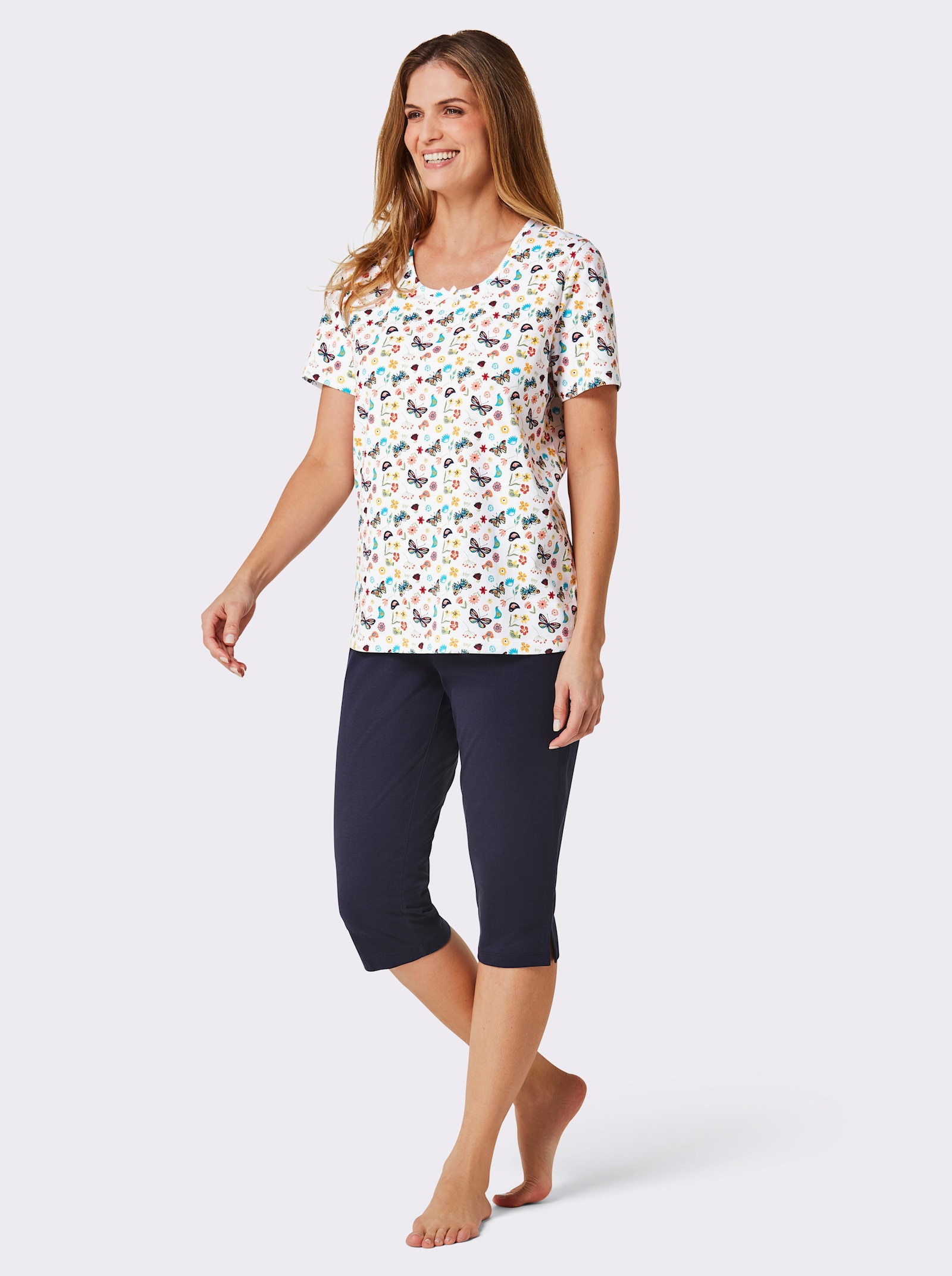 wäschepur Capri-Schlafanzüge mit Satinschleife - weiß-bedruckt + papaya