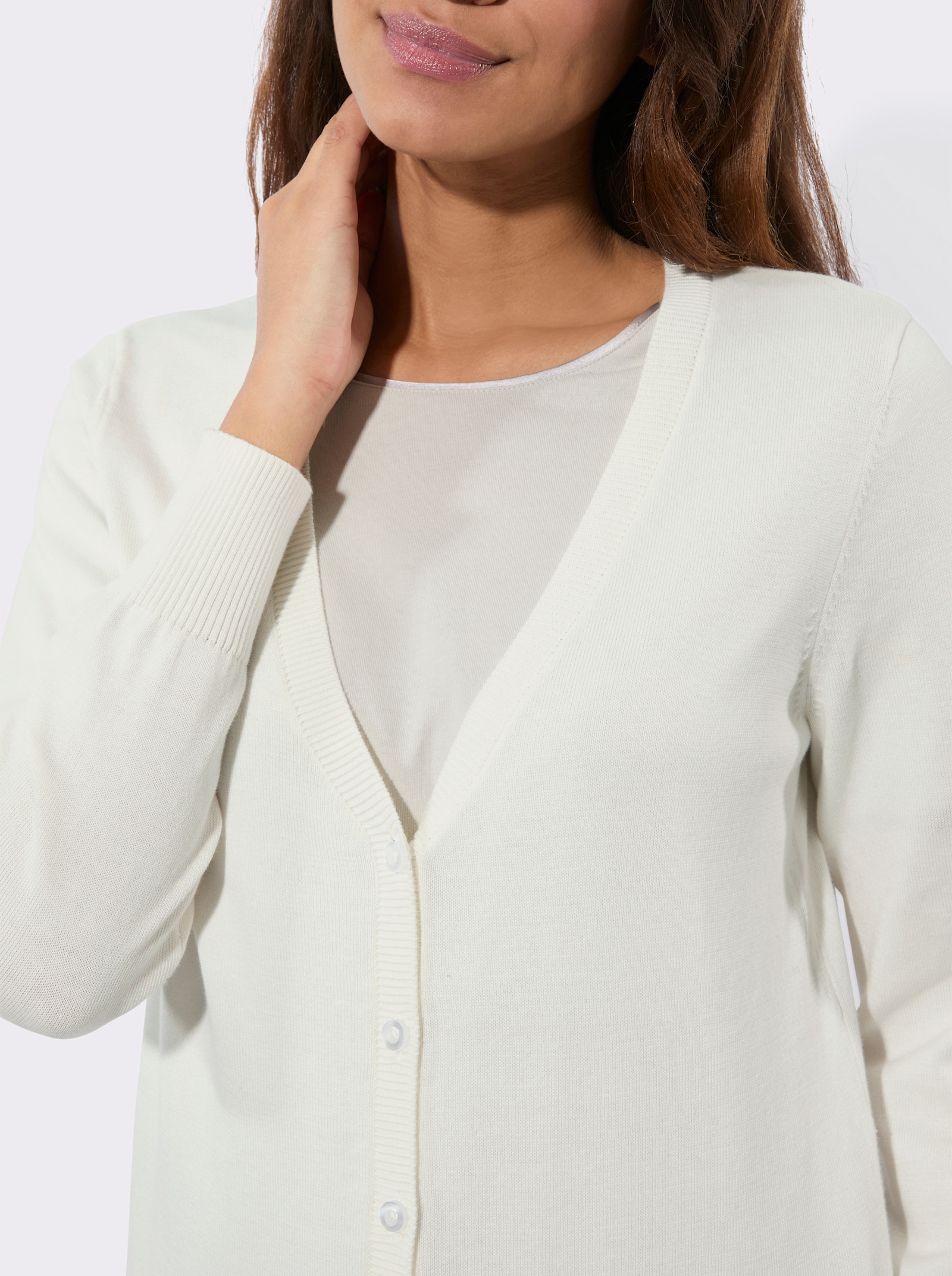 Longstrickjacke mit gerippten Bündchen - ecru