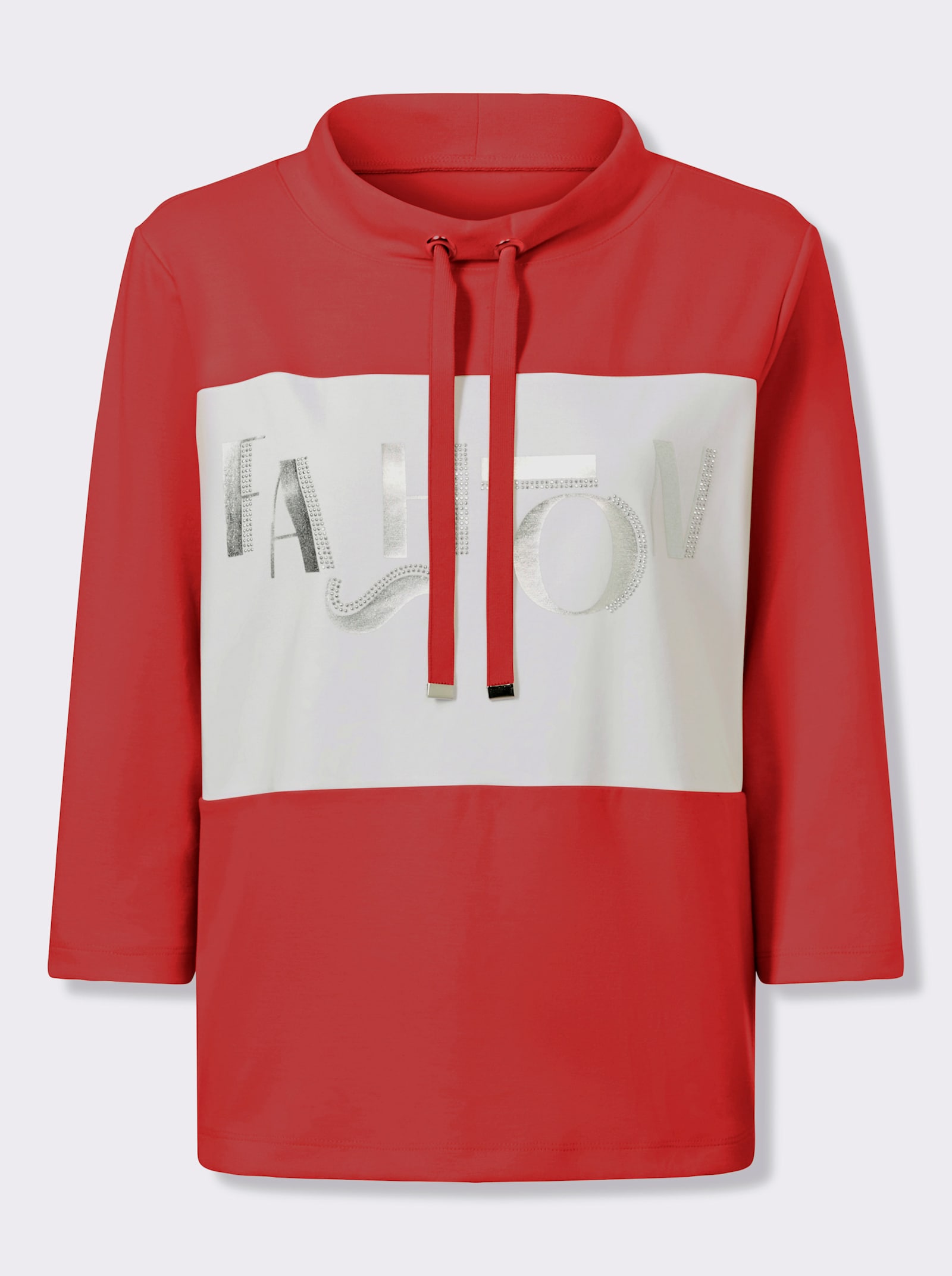 Sweatshirt mit Folienprint-Schriftzug - rot-weiß-geringelt