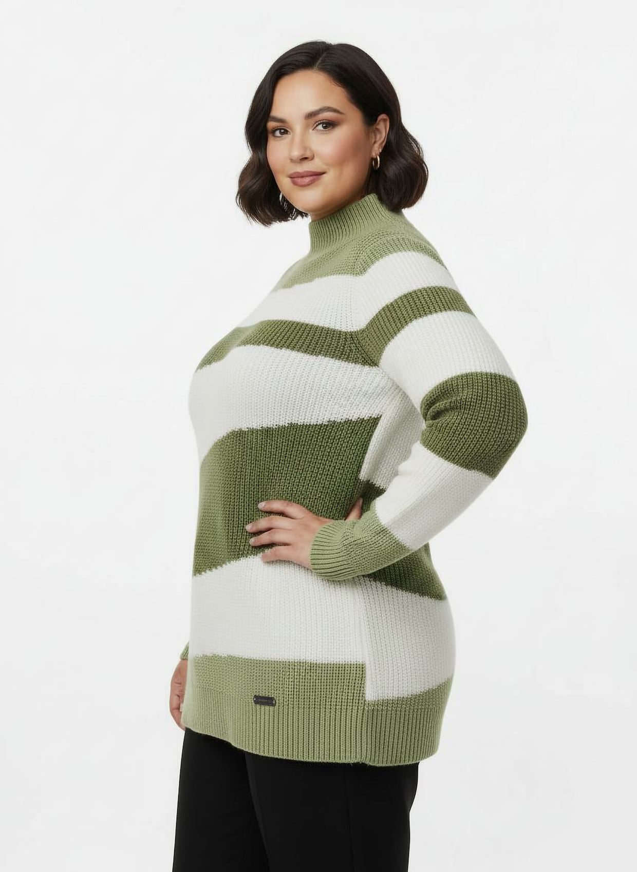 Stehkragenpullover mit Intarsienstrick-Muster - oliv-ecru-gemustert