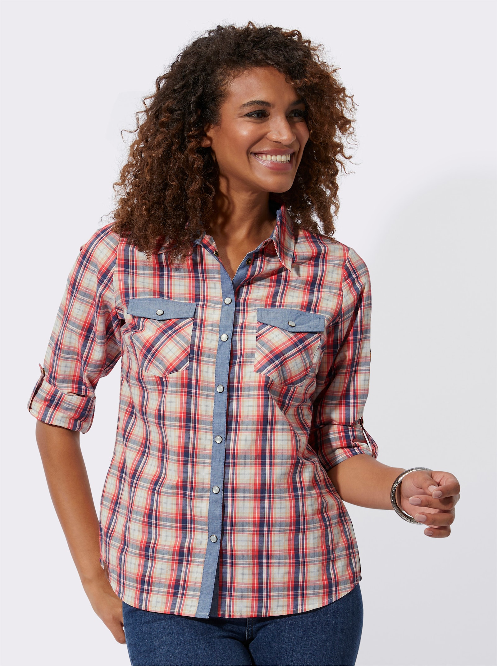 Karobluse mit aufgesetzten Brusttaschen - hummer-weiß-kariert