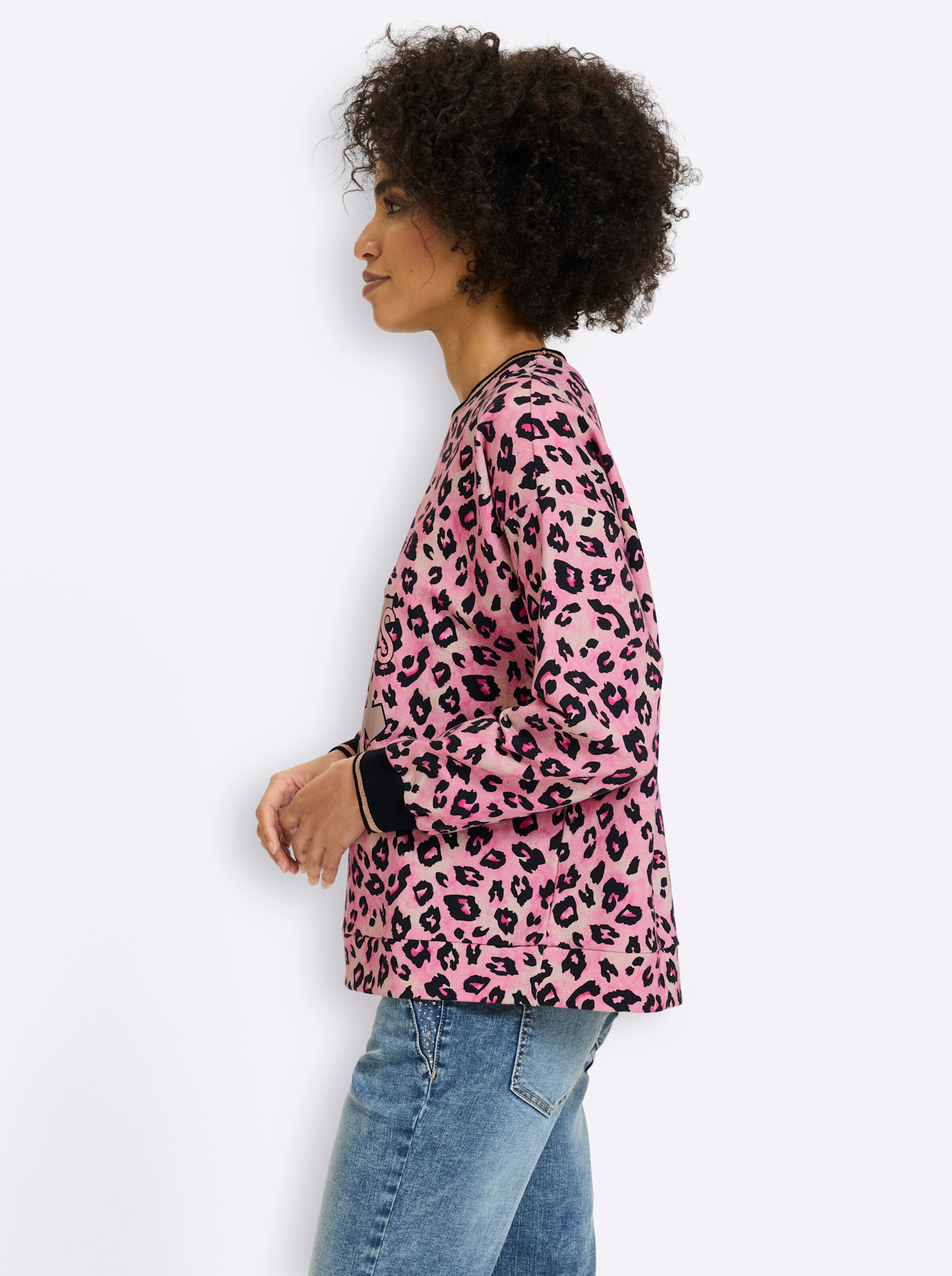 LEONARD SPORT モザイク総柄切替トップス ピンク 半袖 ニット 42 heine Sweatshirt mit Leo-Print in hortensie-schwarz-bedruckt | heine