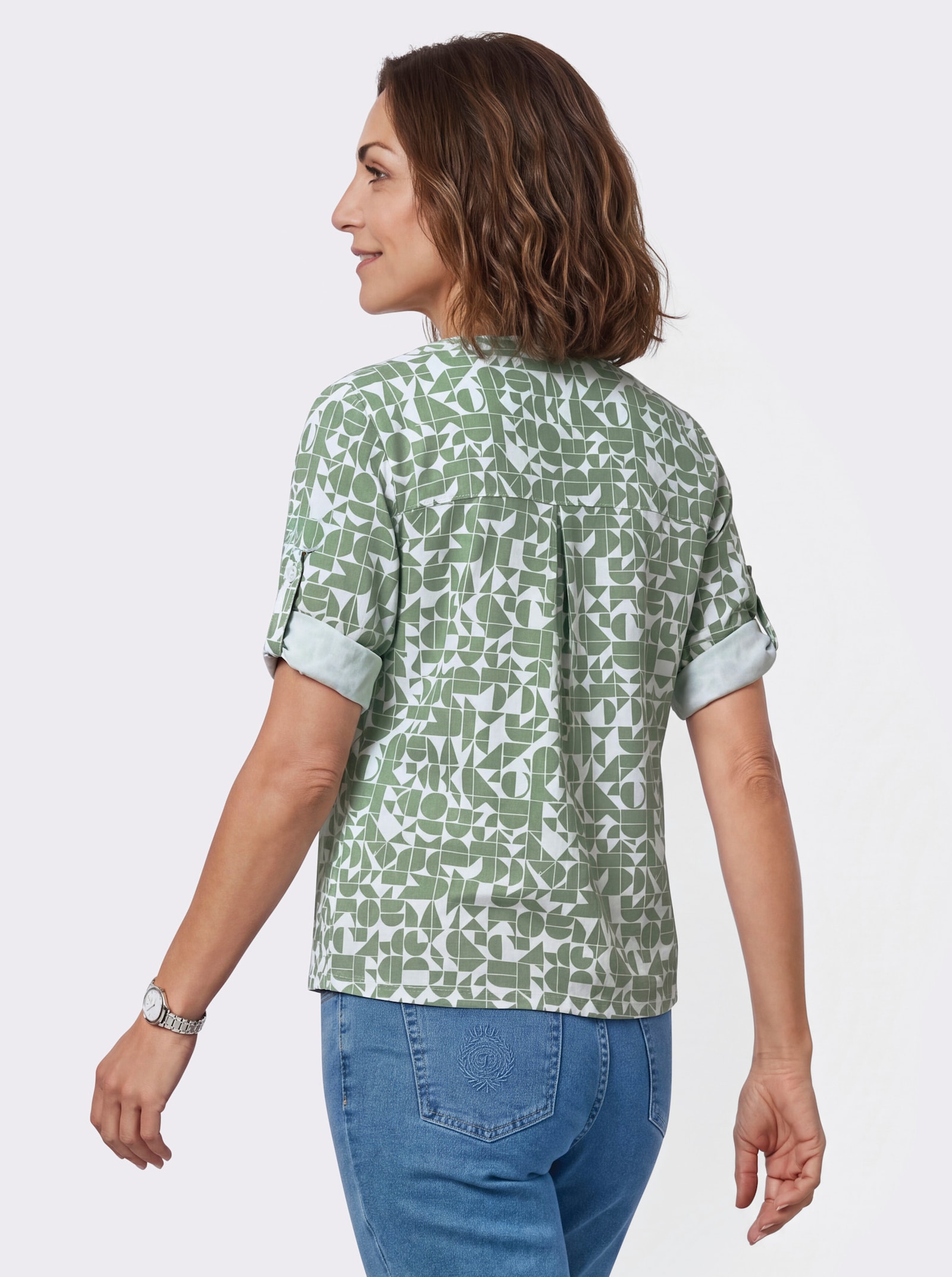 Blusenshirt mit kurzer Knopfleiste - eucalyptus-ecru-bedruckt