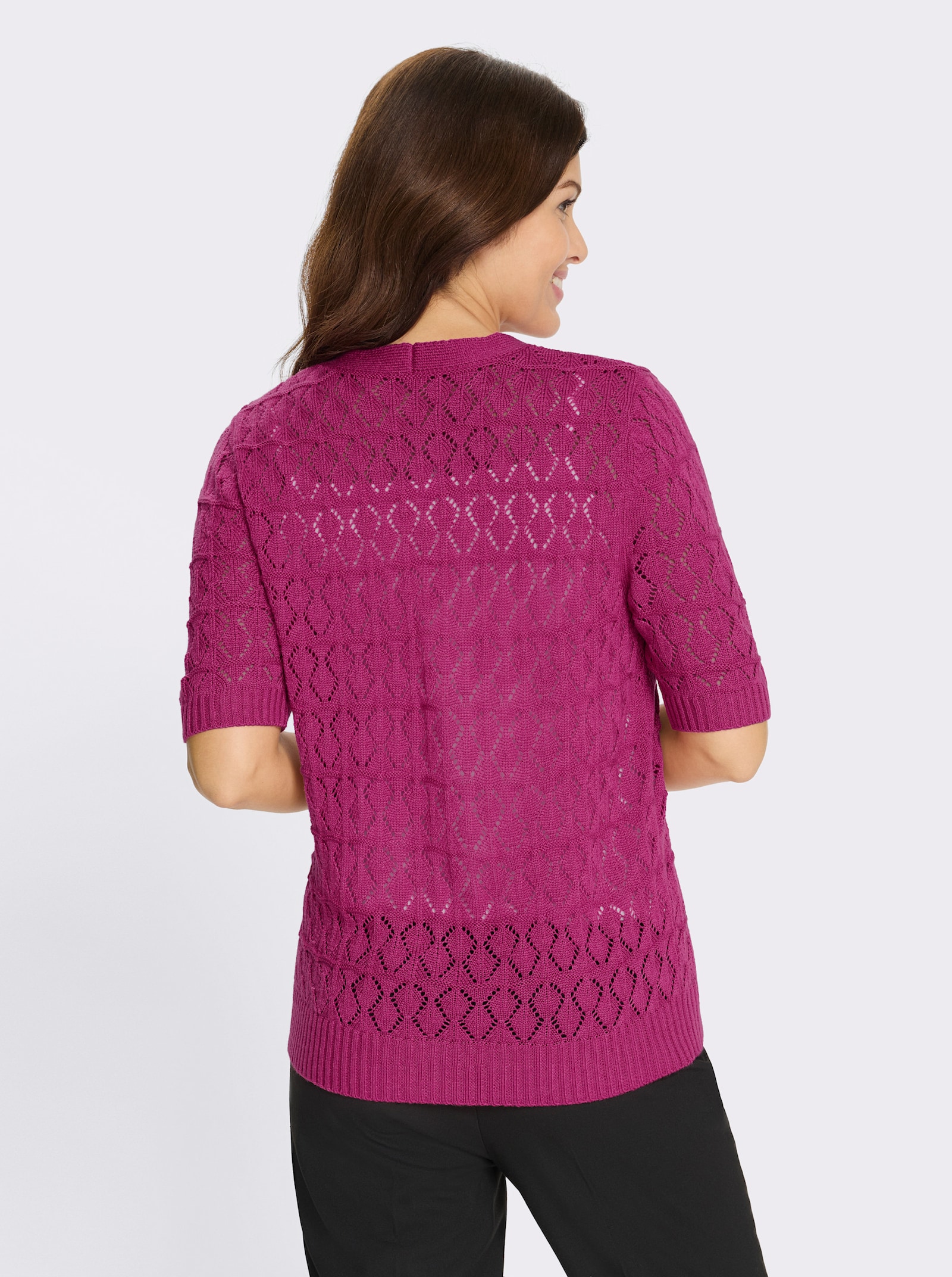 Ažúrový kardigán, gombíky - purpurová