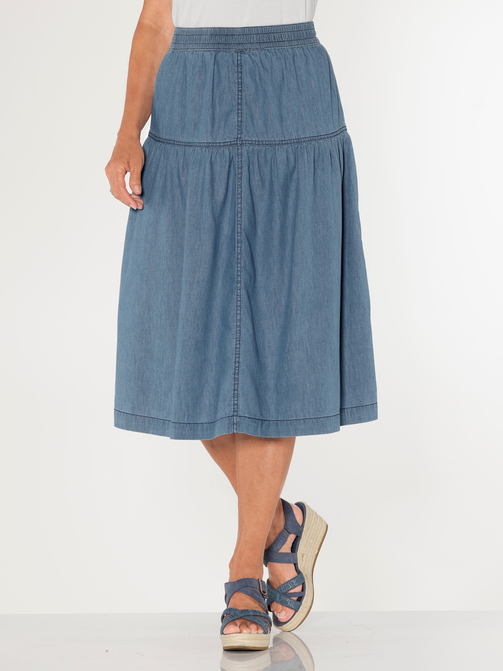 Jeansrock mit Rundum-Dehnbund - blue-bleached + blue-stone-washed