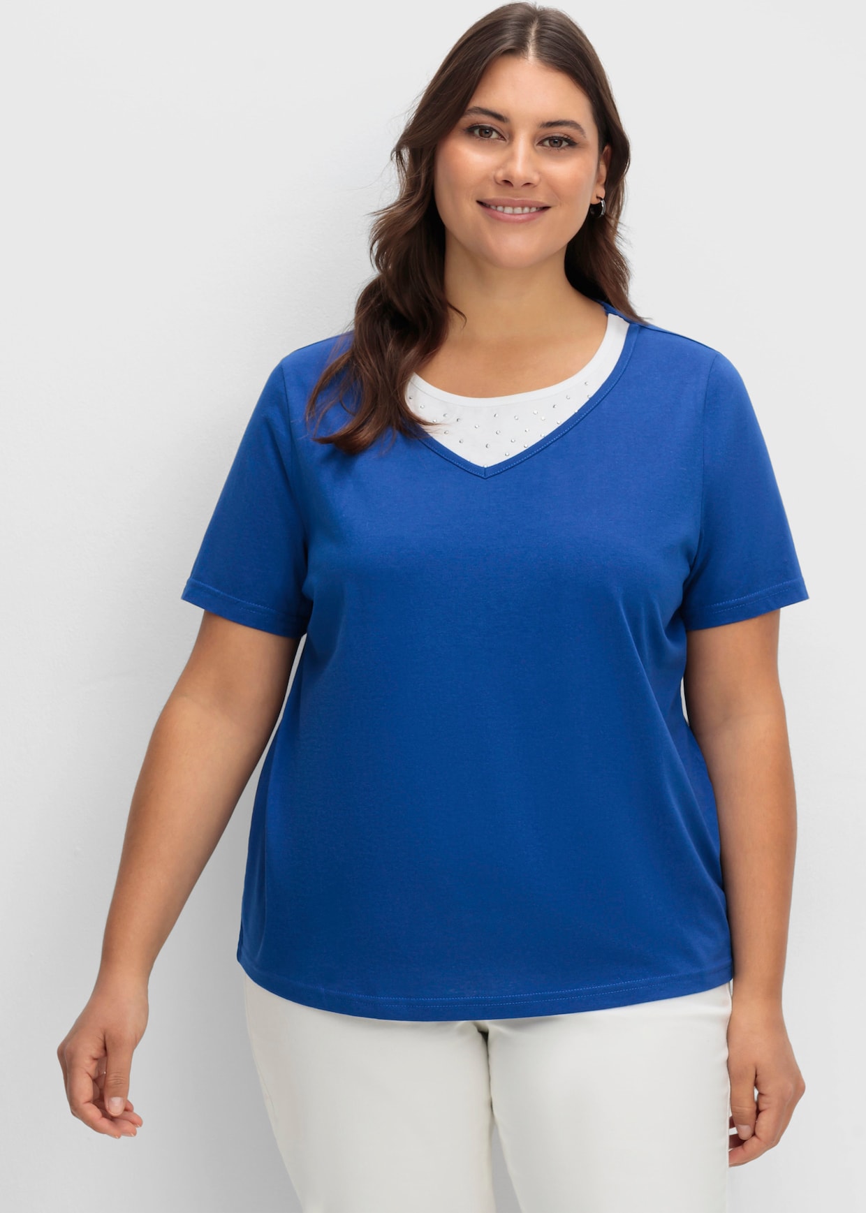 Kurzarmshirt mit Ziersteinchen - royalblau