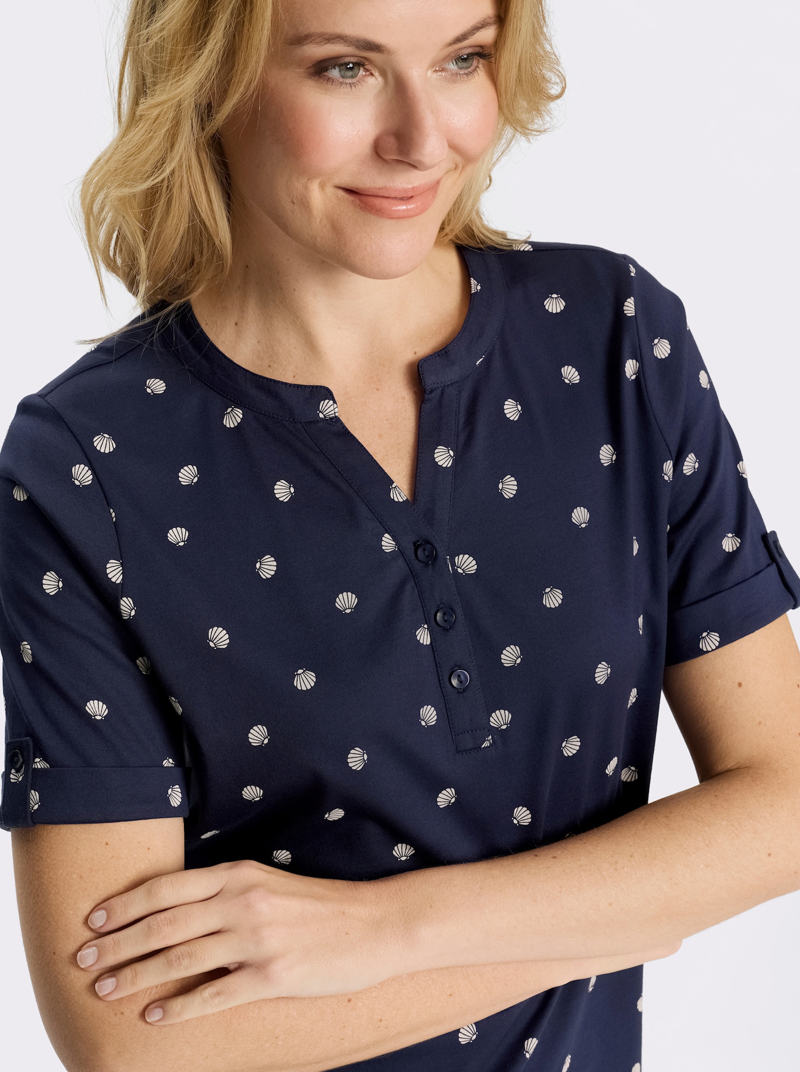 Kurzarmshirt im maritimen Dessin - marine-ecru-bedruckt