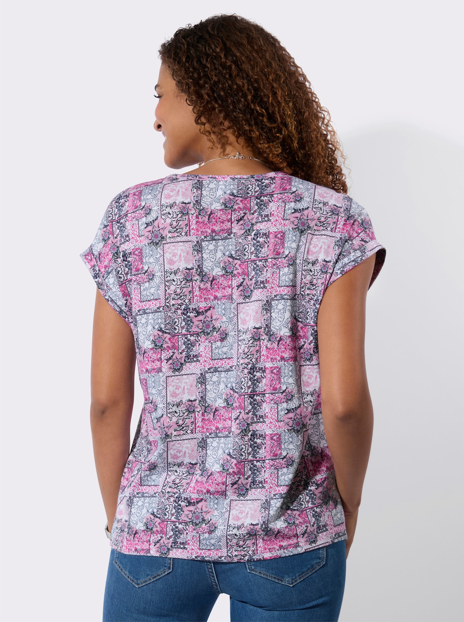 Kurzarmshirt mit Patchwork-Dessin - fuchsia-bedruckt