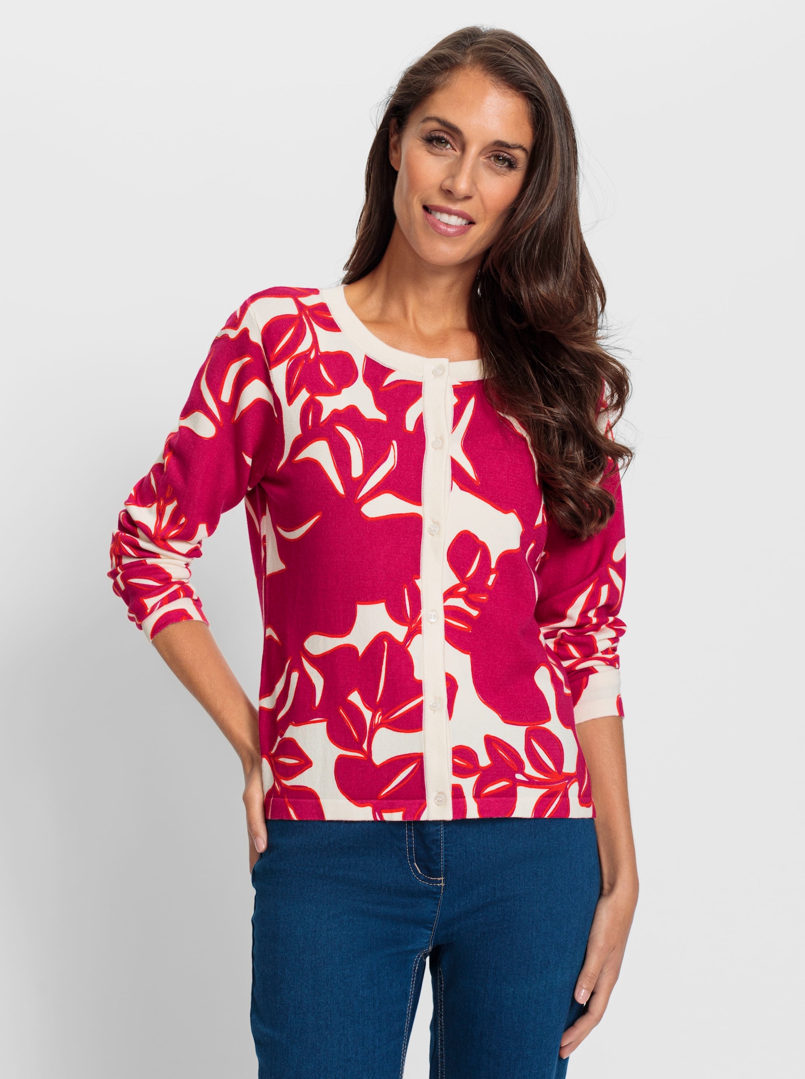 heine Jack van fijntricot met bloemenprint - champagne/pink bedrukt