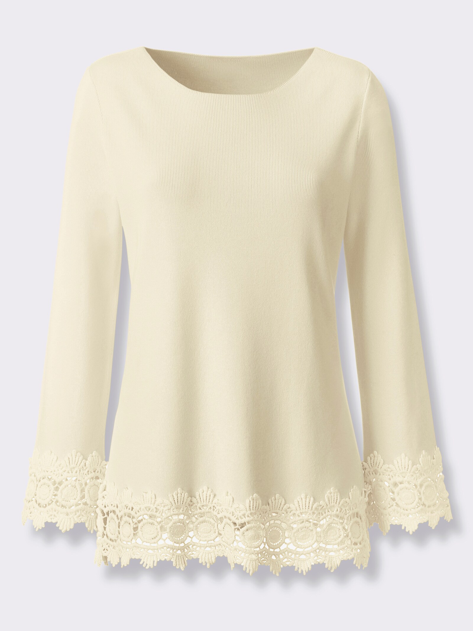 Langarm-Pullover mit Spitzenbordüre - champagner