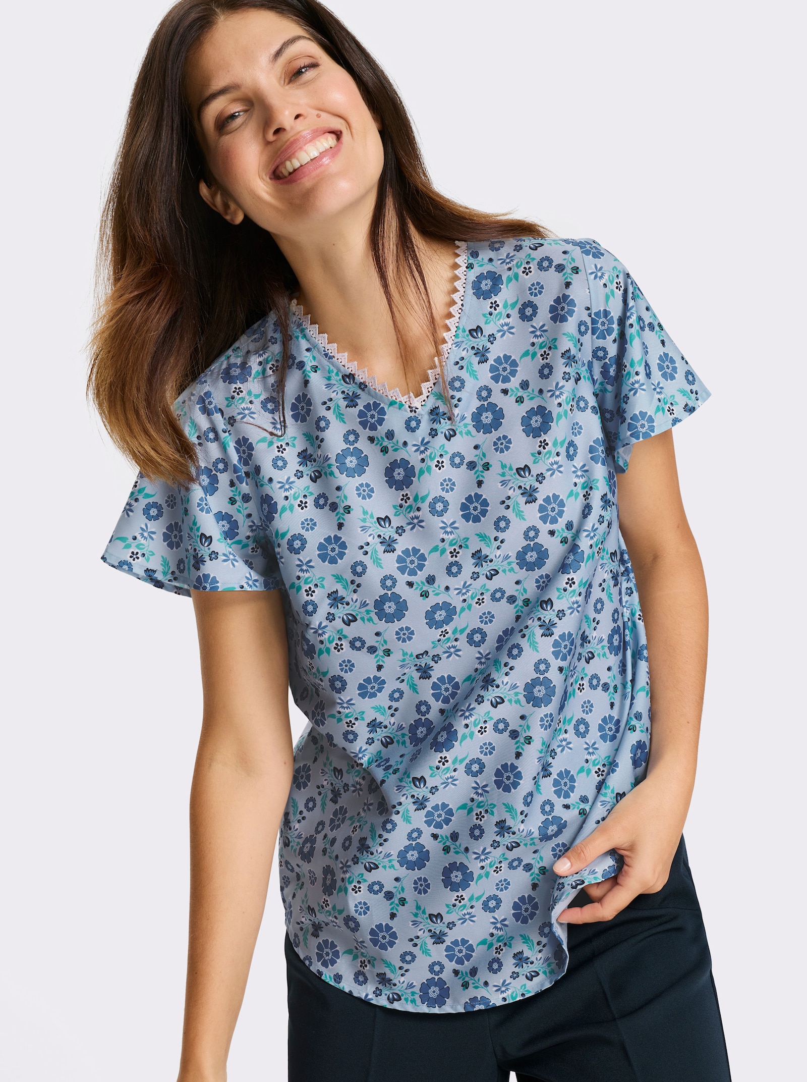 Navlékací halenka s balonkovými rukávy - ledová modrá-námořnická modrá-potisk