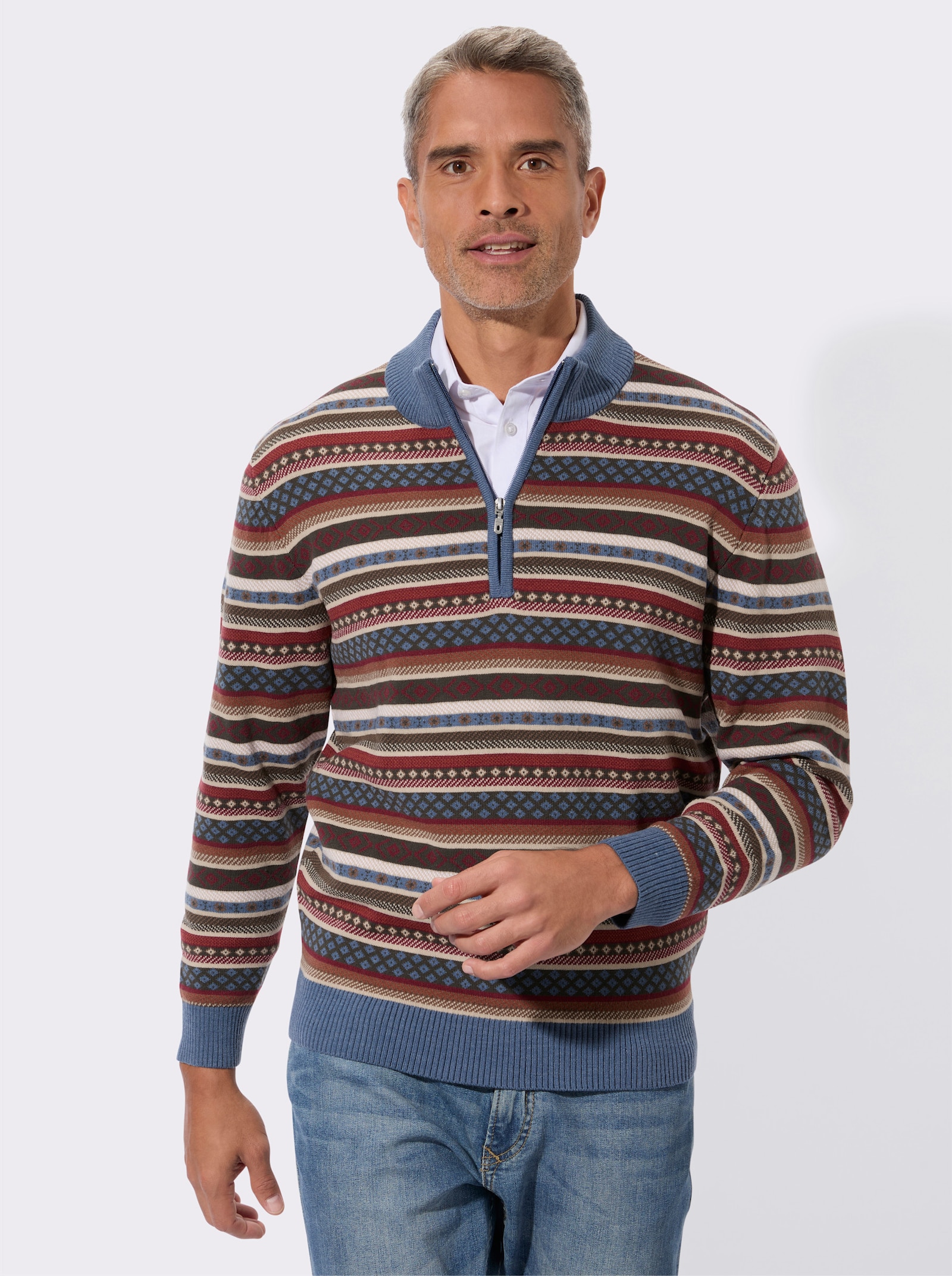 Stehkragenpullover im Norweger-Strickmuster - jeansblau-gemustert