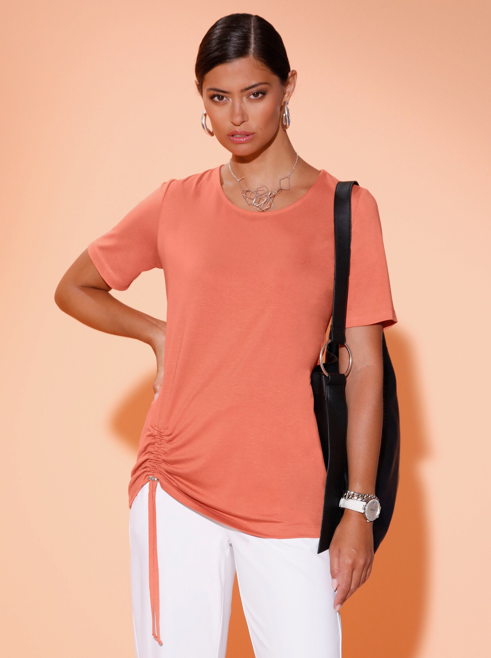 Kurzarmshirt mit Raffung am Saum - papaya