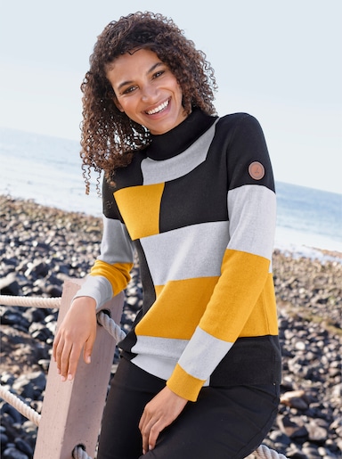 Langarm-Pullover mit Stehkragen - ocker-schwarz-gemustert