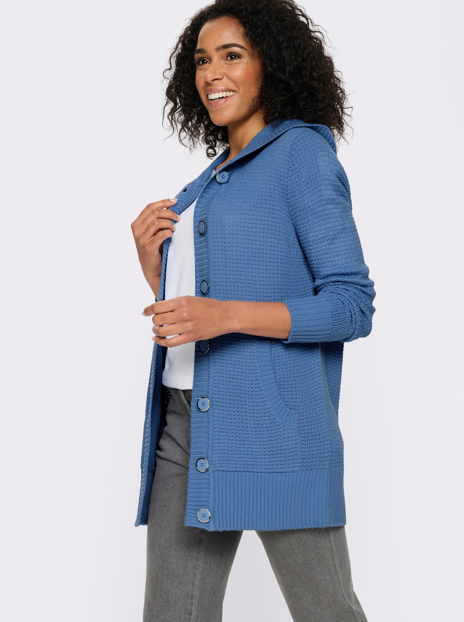 Kapuzenstrickjacke mit Känguru-Taschen - mittelblau