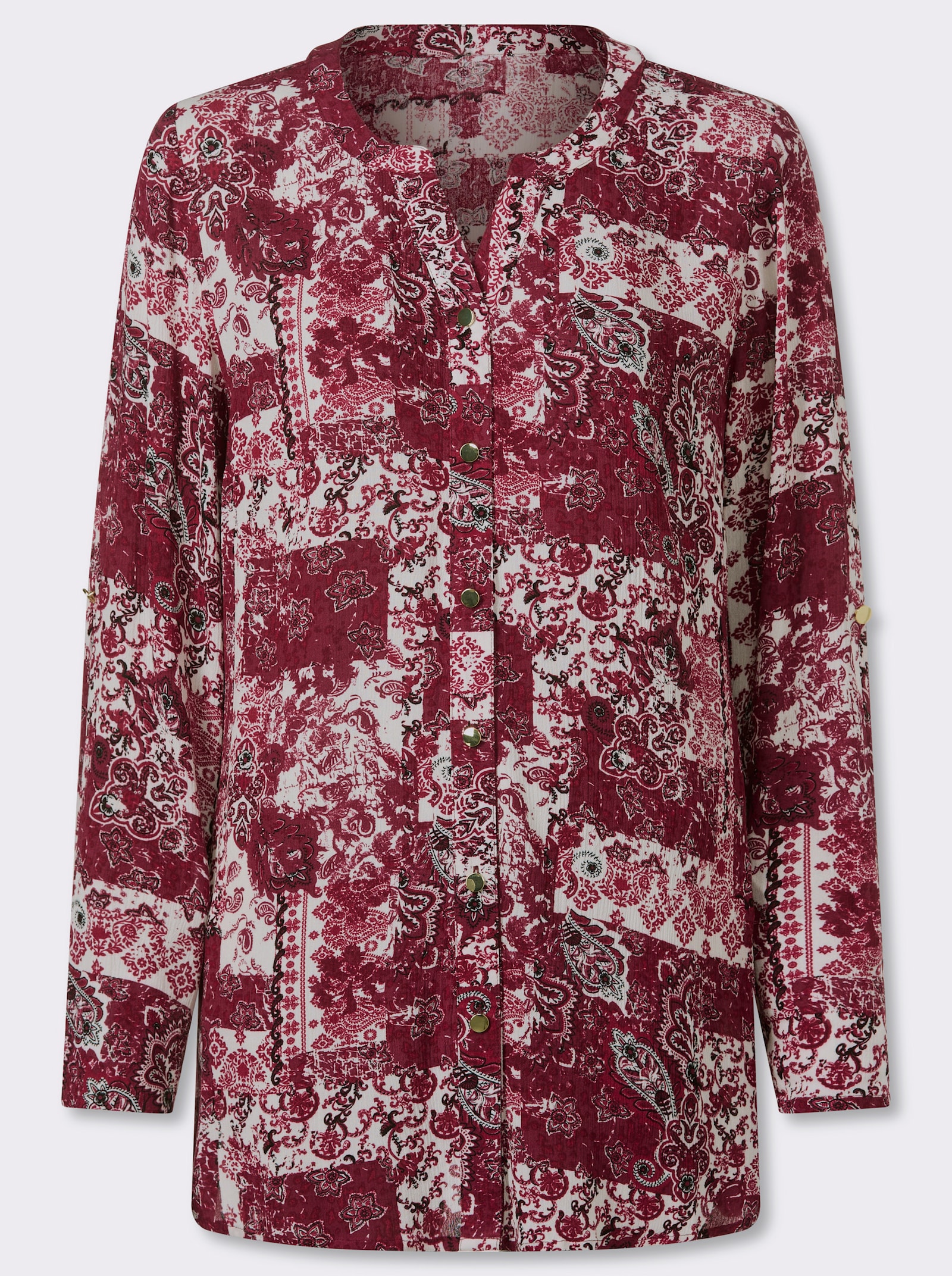 Longbluse - champagner-dunkelrot-bedruckt