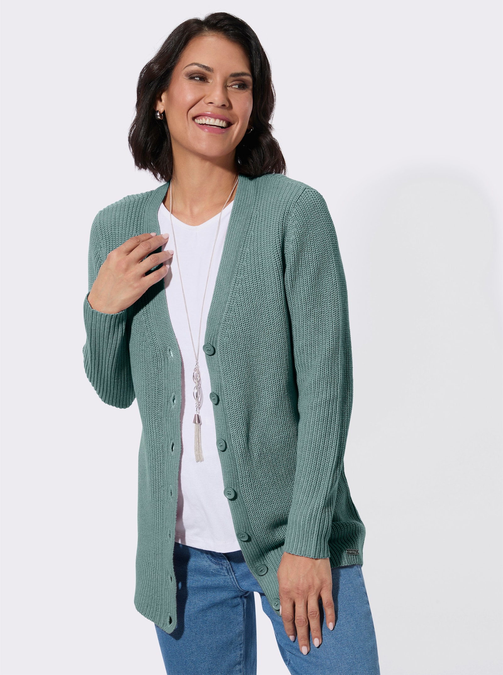 Longstrickjacke mit feiner Rippstruktur - jade