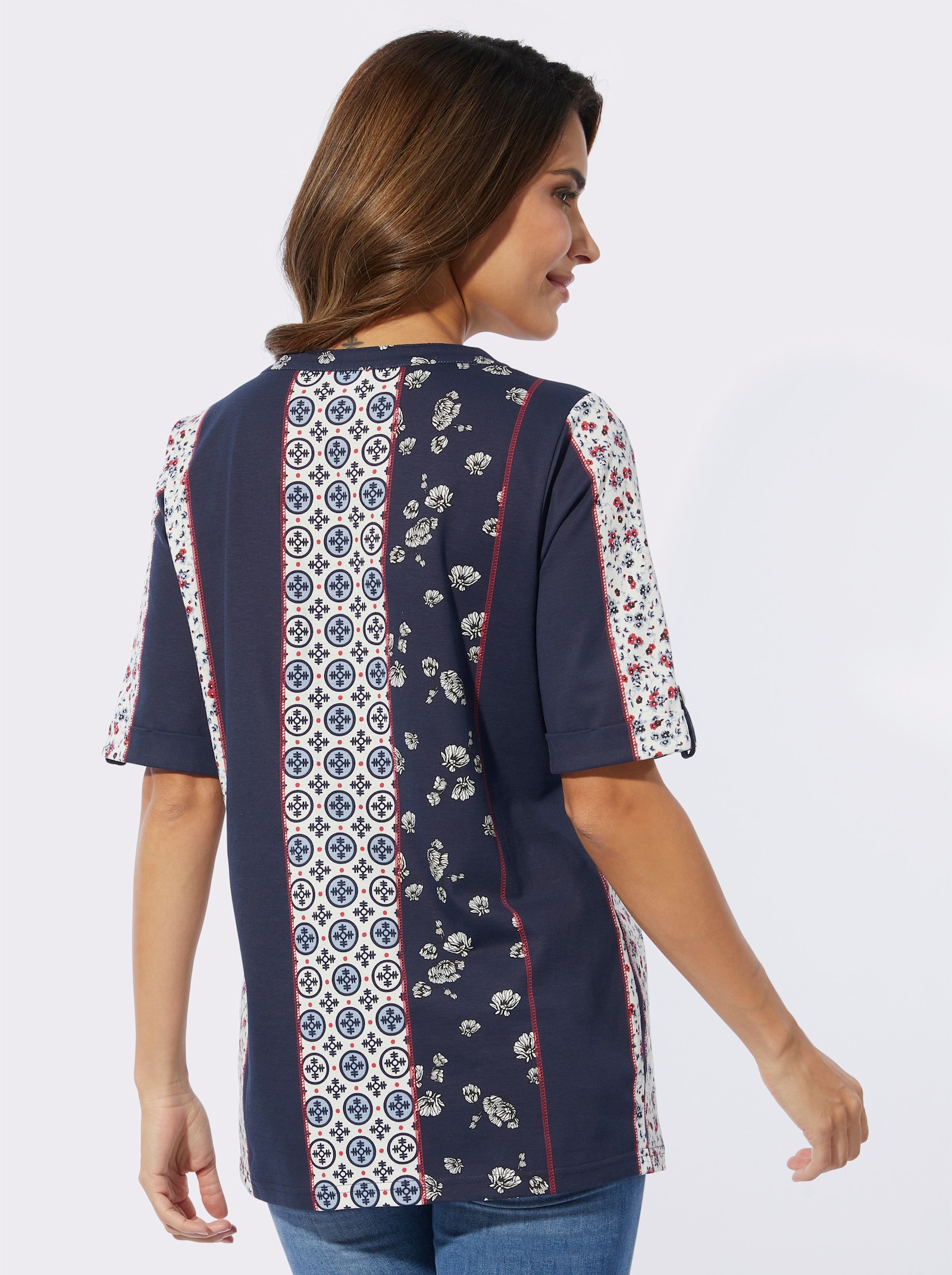 Kurzarmshirt mit etwas längerem Halbarm - marine-erdbeere-bedruckt