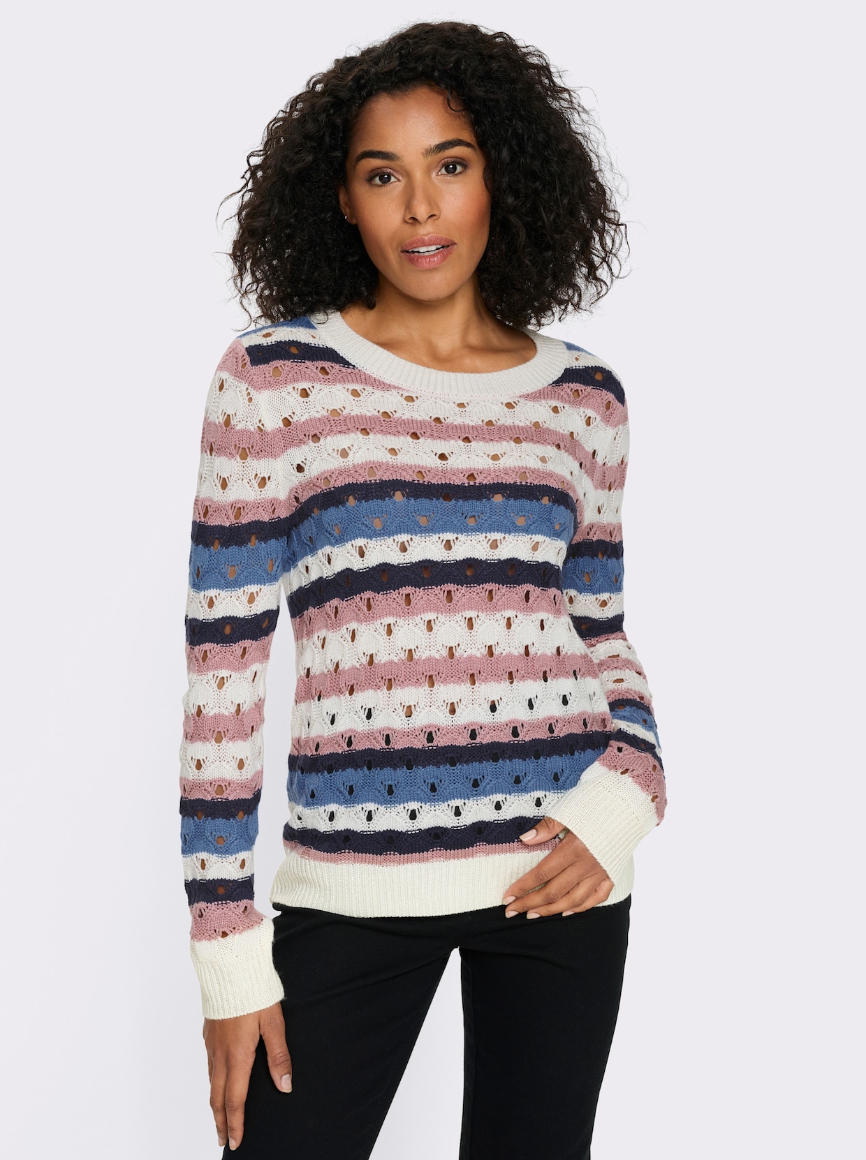 Ajourpullover mit Streifen-Muster - ecru-hortensie-gemustert