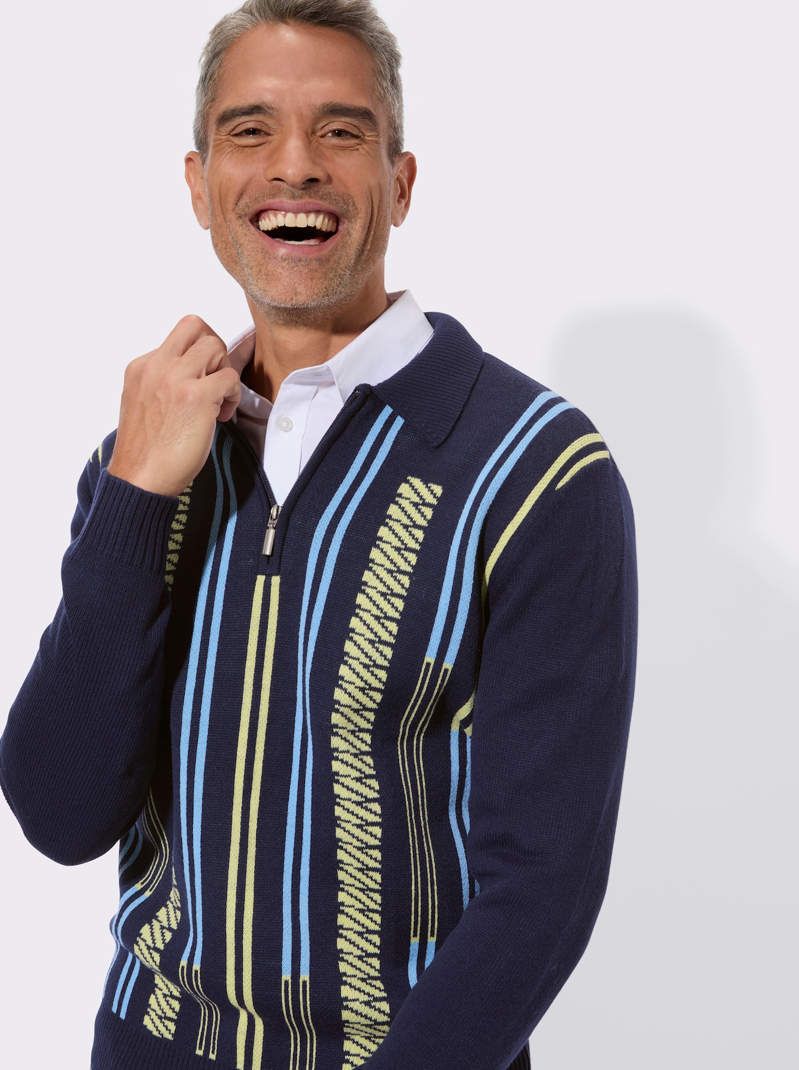 Svetr s límečkem s žakárovým vzorem - námořnická modrá-citronová-vzor