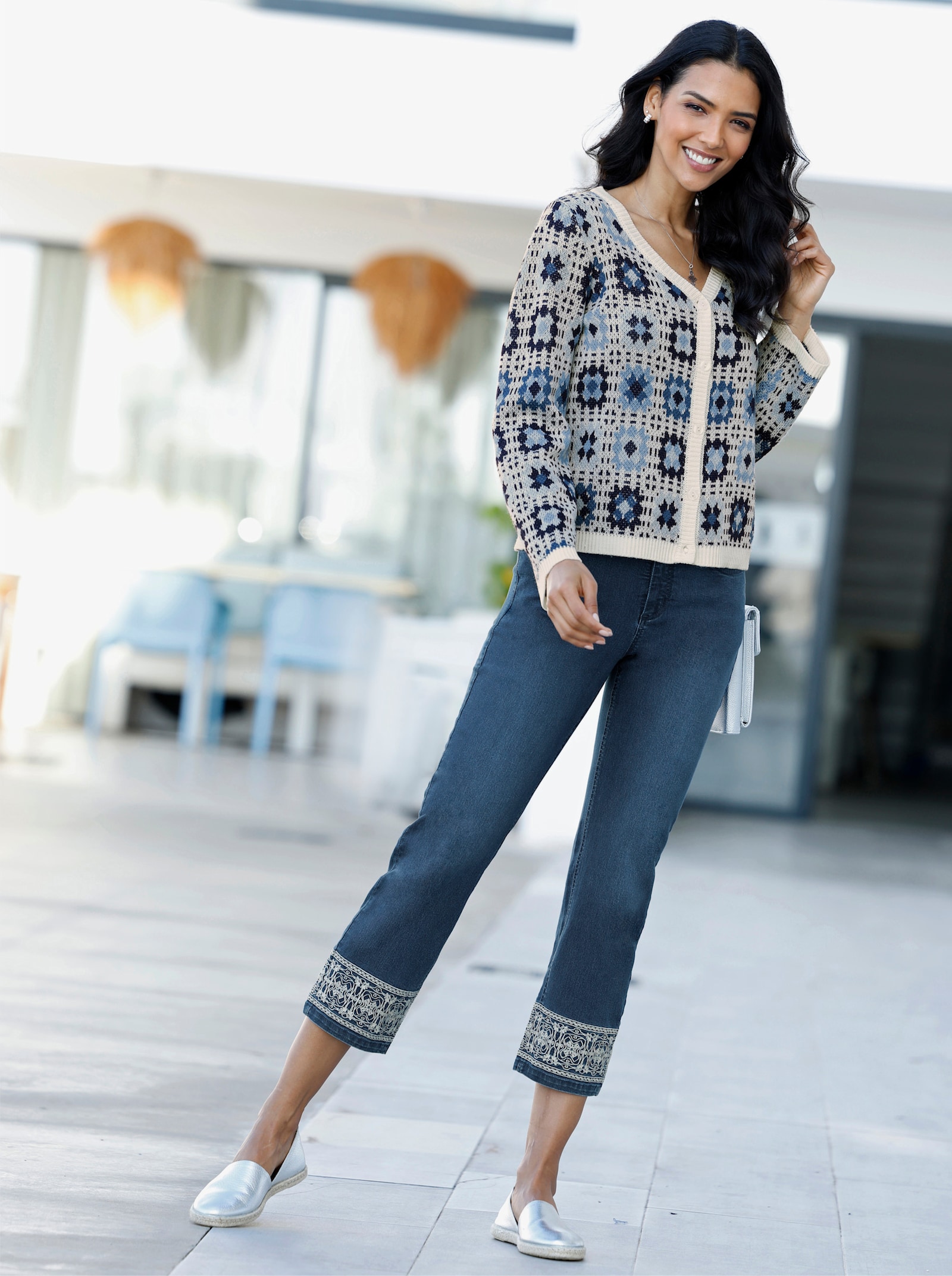 7/8-Jeans mit Stickerei am Saum - blue-stone-washed