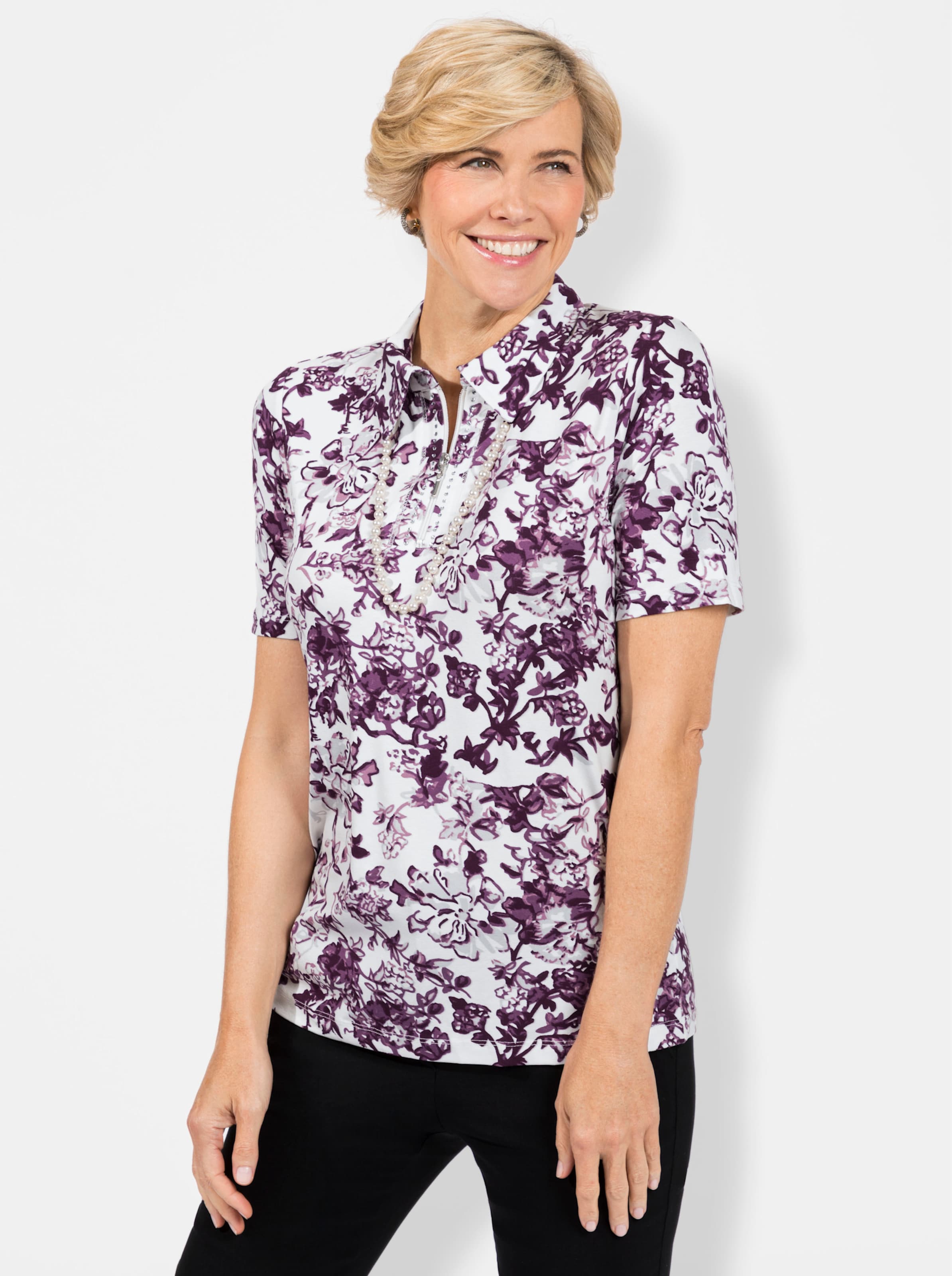 Witt Damen Kurzarmshirt, violett-weiß-bedruckt