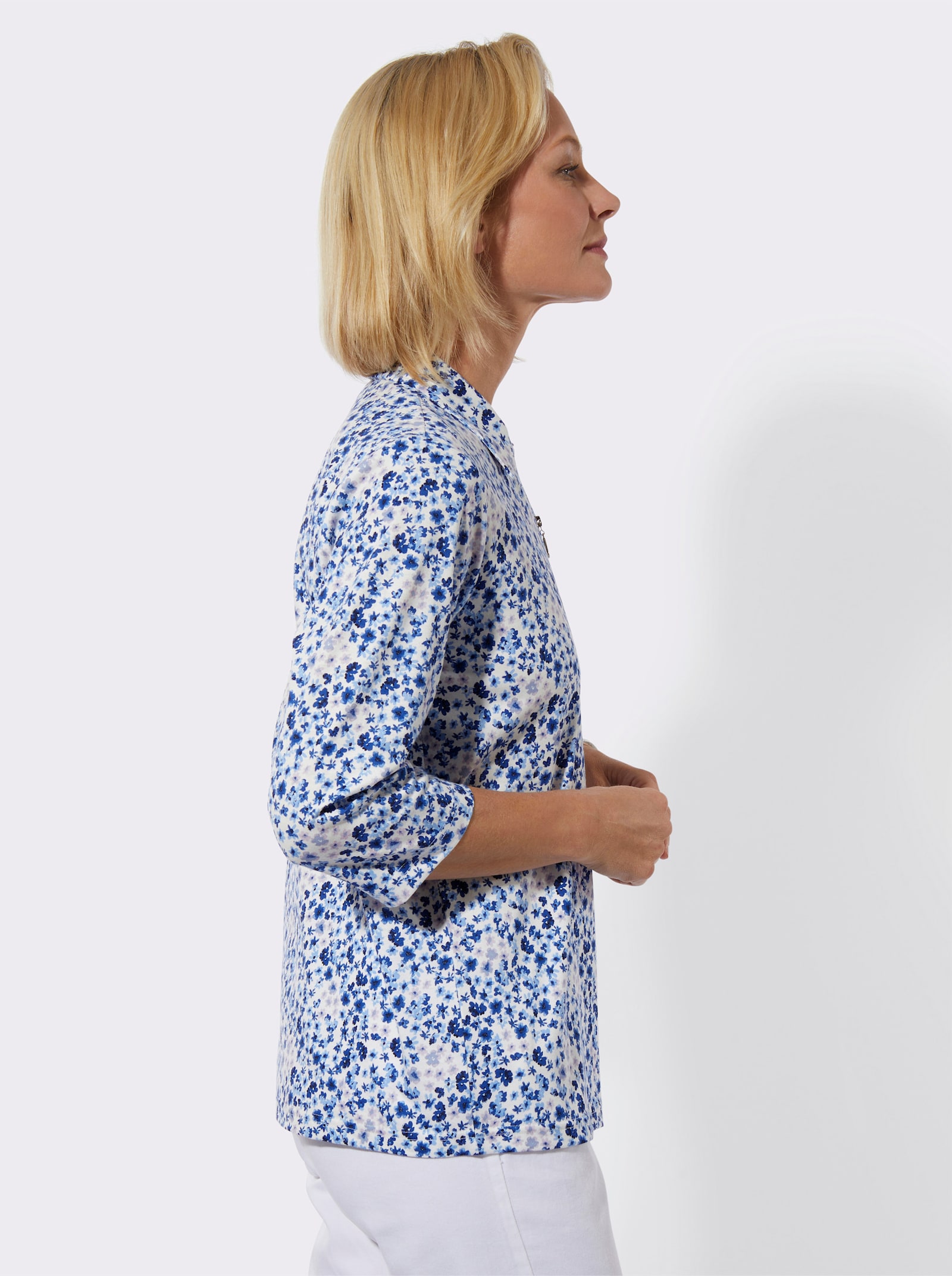 Poloshirt mit Glitzersteinchen - royalblau-ecru-bedruckt