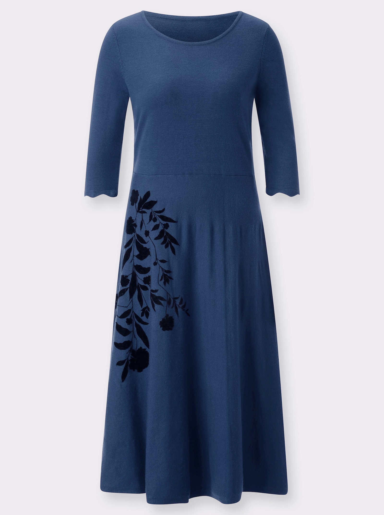 Strickkleid mit samtigem Flockdruck - jeansblau