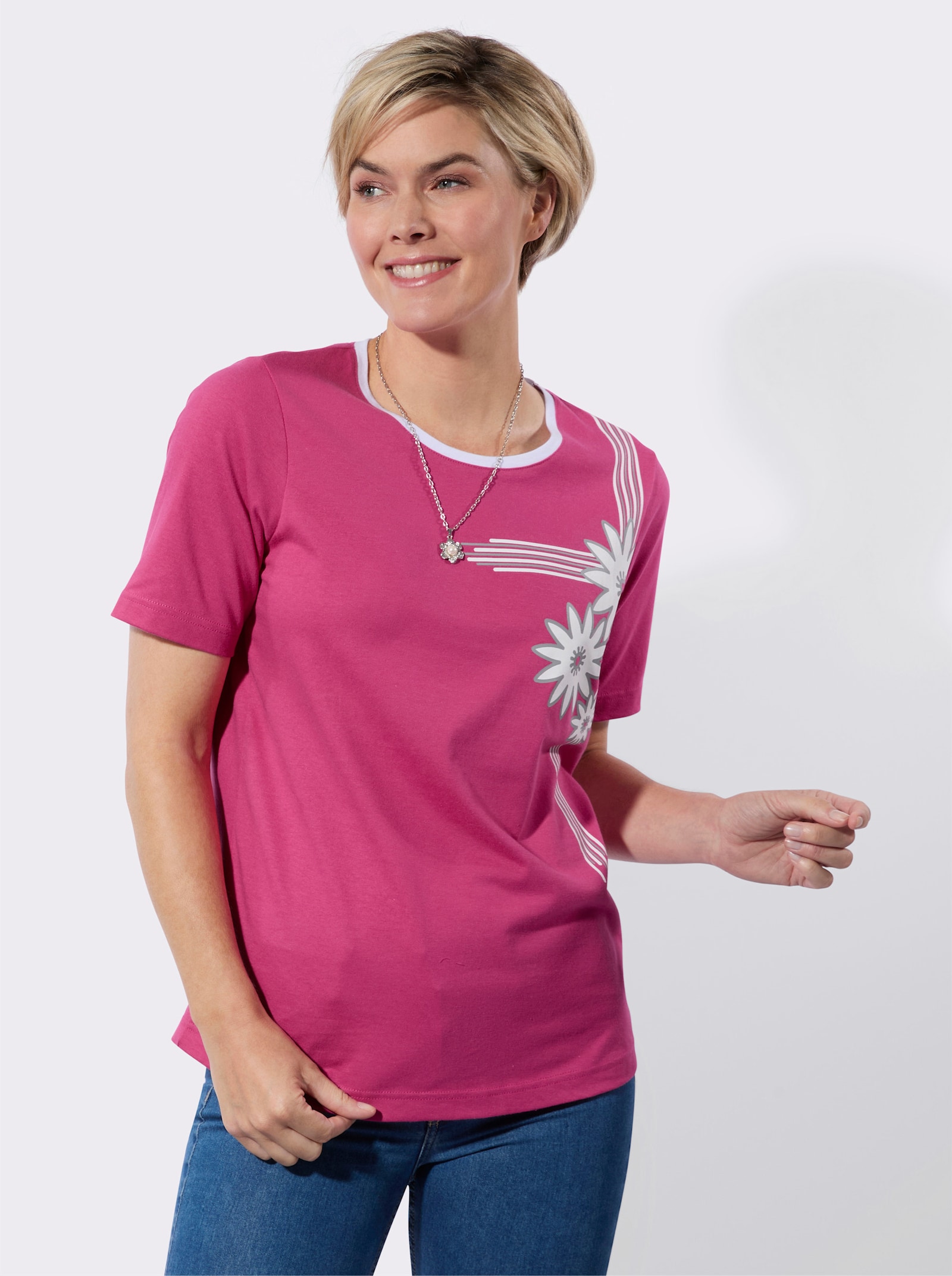 Kurzarmshirt mit platziertem Blütenprint - fuchsia